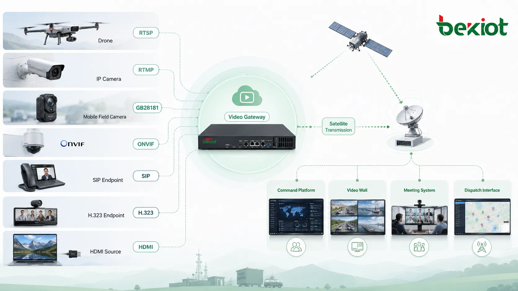 Video gateway architecture connecting drone RTSP RTMP GB28181 ONVIF SIP H323 HDMI video sources with satellite transmission and command platform
