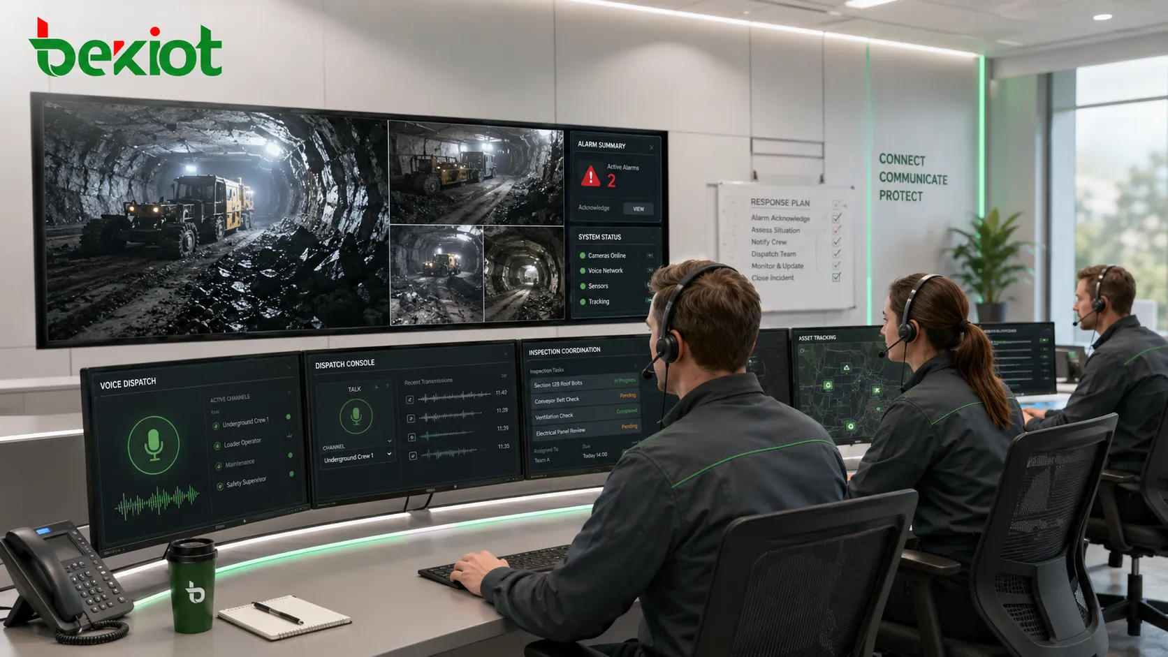 Coal mine dispatch console showing real-time underground camera video voice dispatch alarm response and inspection coordination