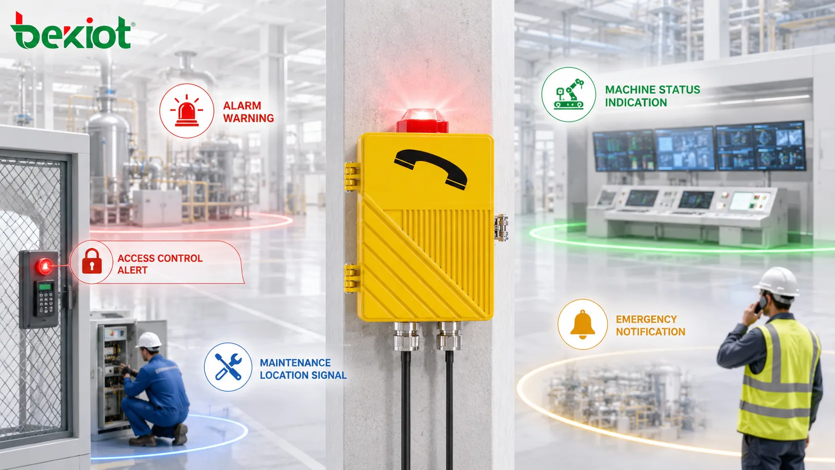 Strobe beacon functions showing alarm warning machine status indication emergency notification access control alert and maintenance location signal