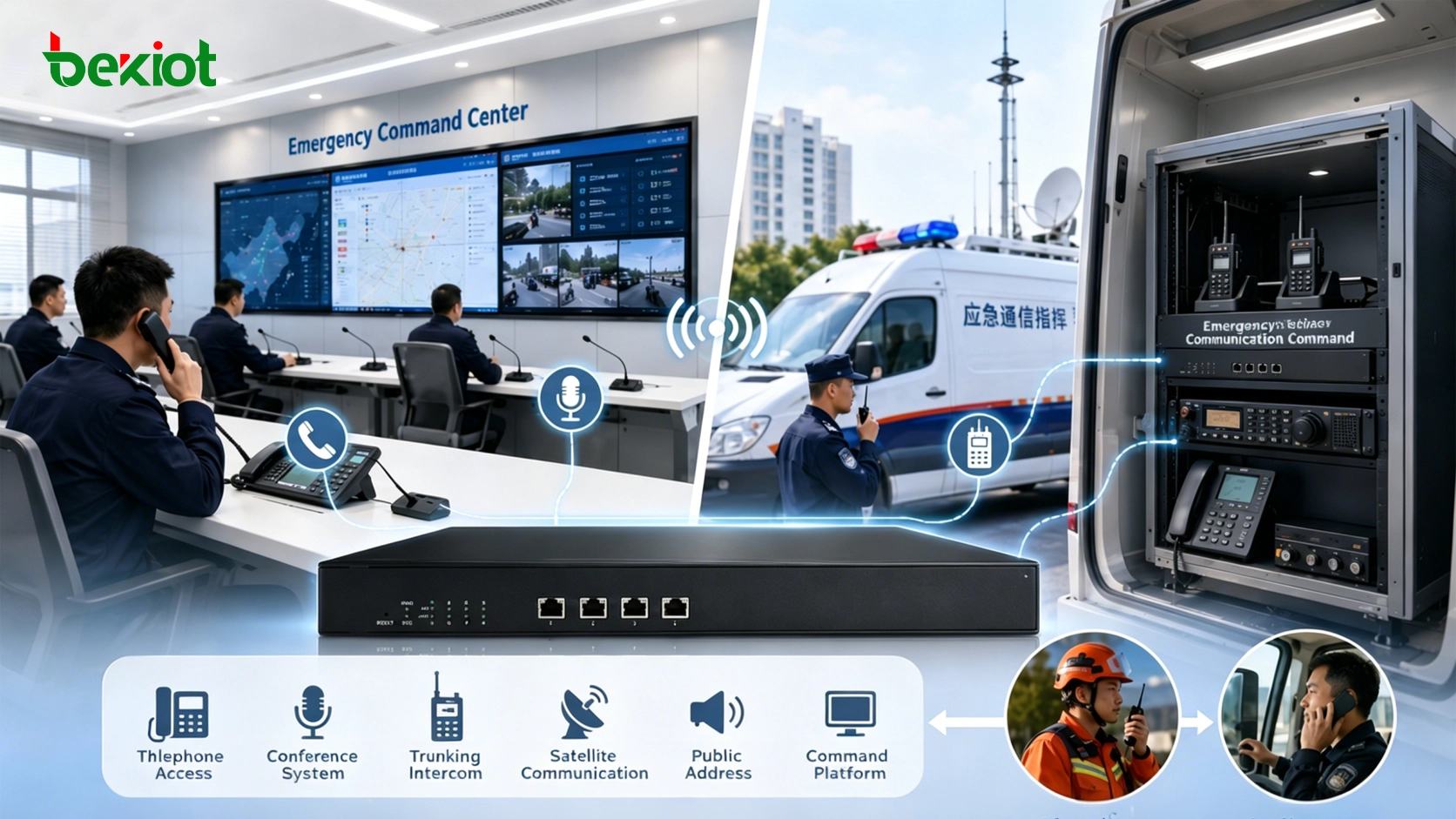 Meeting room command audio gateway installed in emergency command room and mobile command vehicle with phone and radio communication