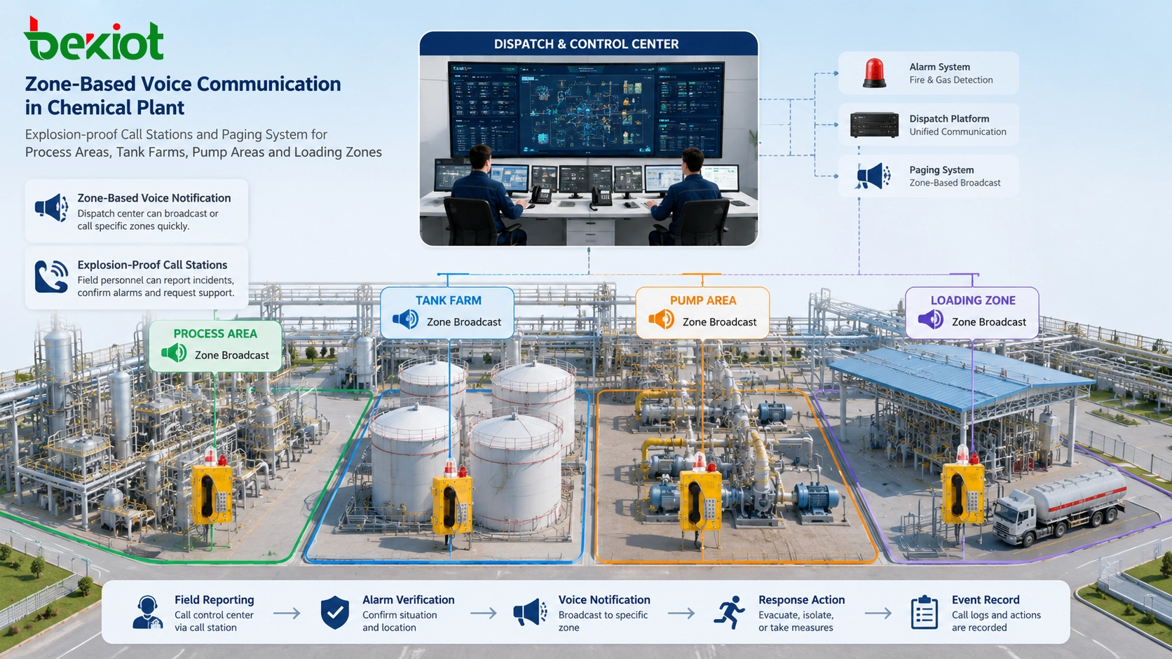 Chemical plant using explosion-proof call stations and paging system for zone-based voice notification in process areas tank farms pump areas and loading zones
