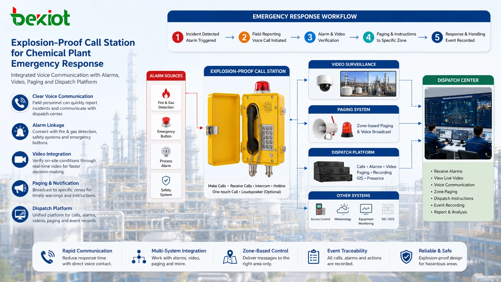 Explosion-proof call station working with alarm video paging and dispatch platform in a chemical plant emergency response workflow