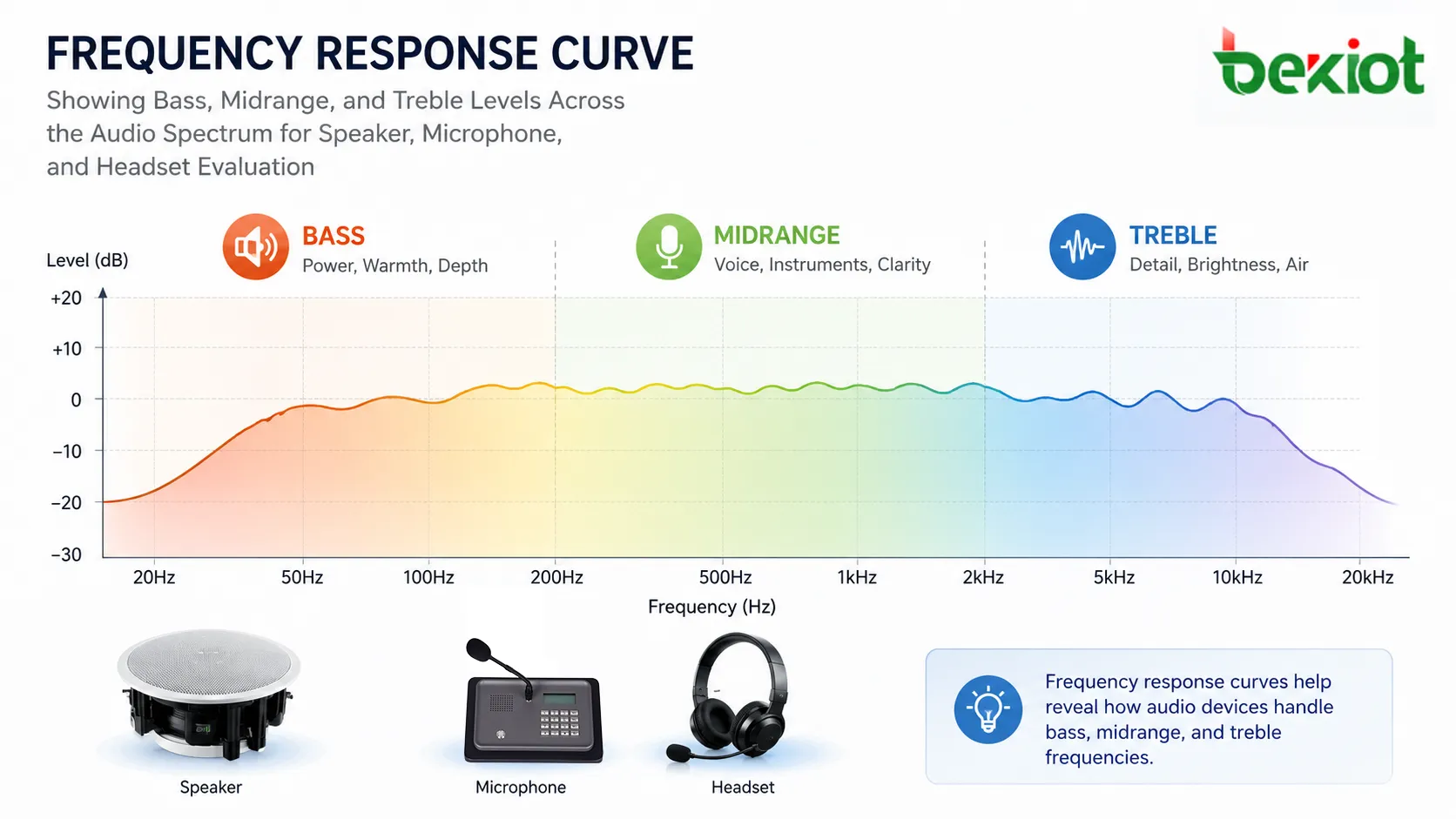 Frequency response curve showing bass midrange and treble levels across the audio spectrum for speaker microphone and headset evaluation