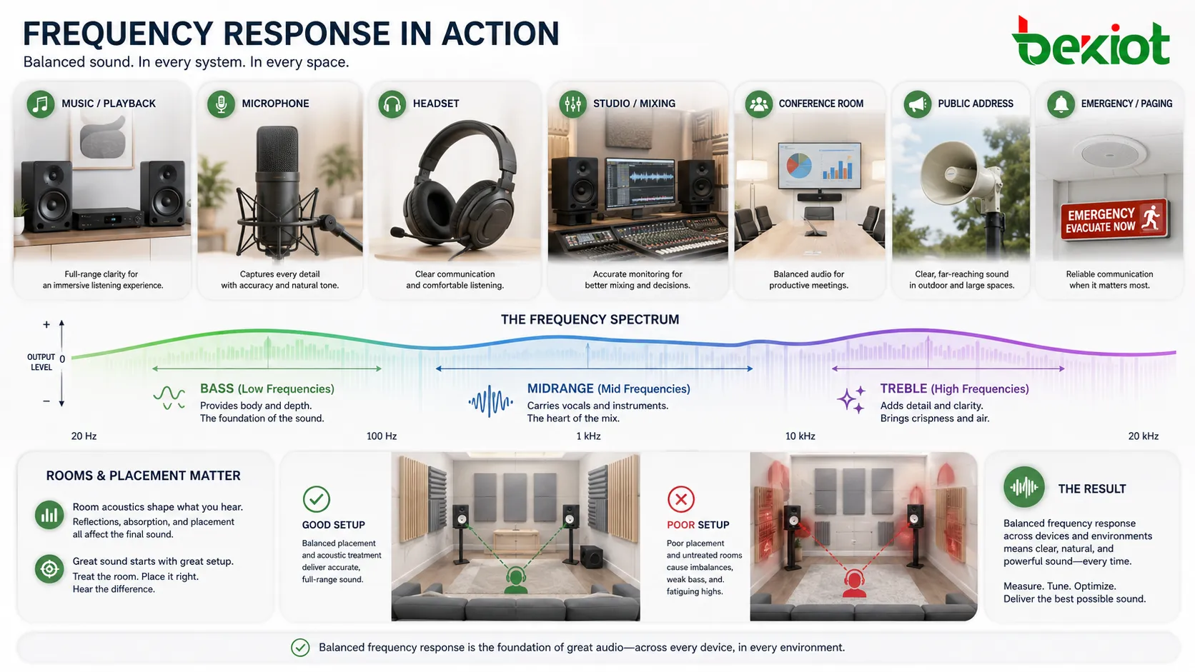 Frequency response applications in speakers microphones headsets studio monitors conference rooms public address and emergency notification systems