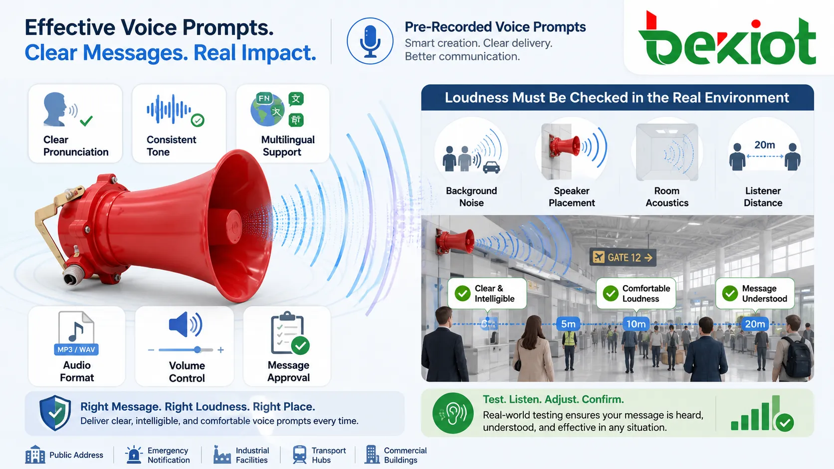 Pre-recorded voice prompts features showing clear pronunciation consistent tone multilingual support audio format volume control and message approval