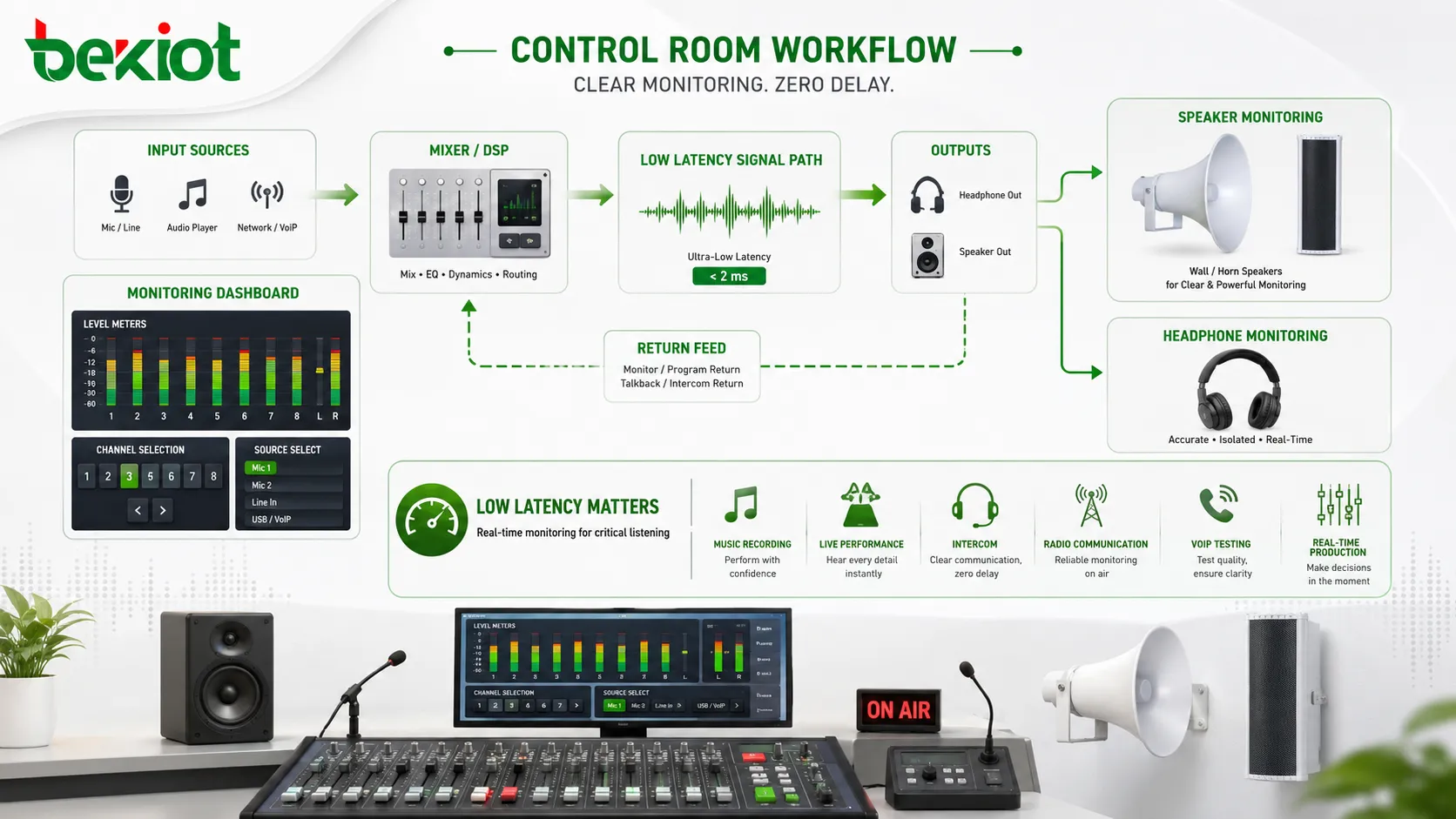 Audio monitoring features showing headphone monitoring speaker monitoring level meters channel selection low latency and control room audio workflow