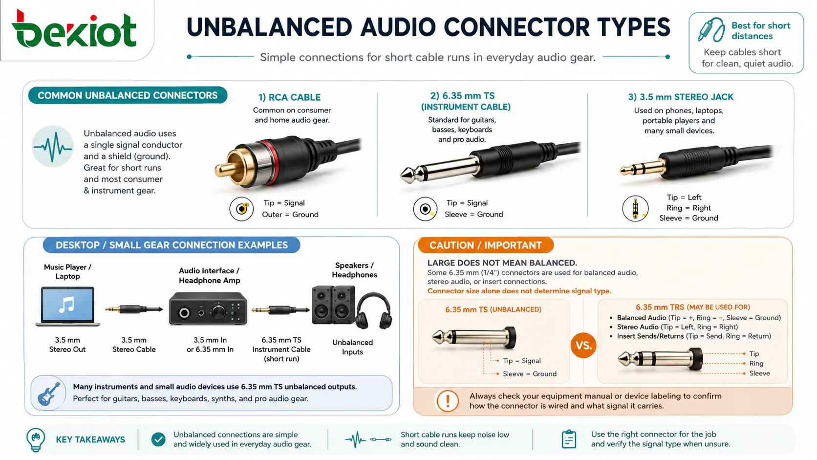 Unbalanced audio connector types showing RCA cable TS instrument cable 3.5mm stereo jack and short desktop audio connection