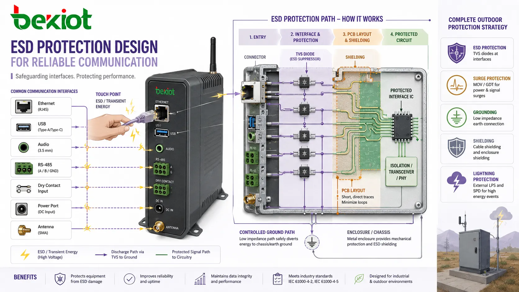 ESD protection design showing TVS diode connector shielding PCB layout ground path enclosure touch point and protected communication interface