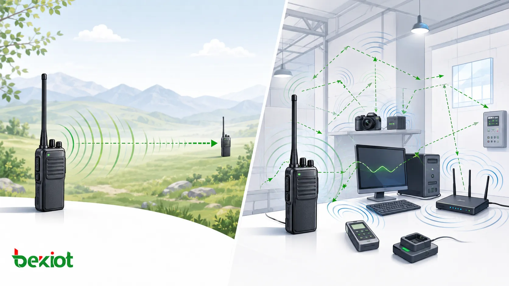 Walkie-talkie power comparison showing open area coverage indoor reflection electromagnetic interference and nearby electronic devices