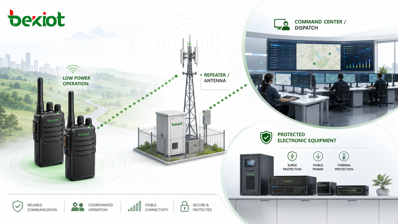 Professional radio dispatch system showing walkie-talkies low power operation repeater antenna command center and protected electronic equipment