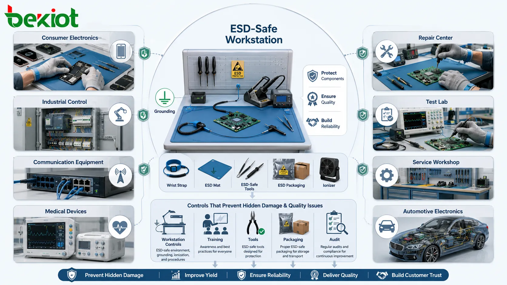 ESD protection applications in consumer electronics industrial control communication equipment medical devices automotive systems and manufacturing workstations