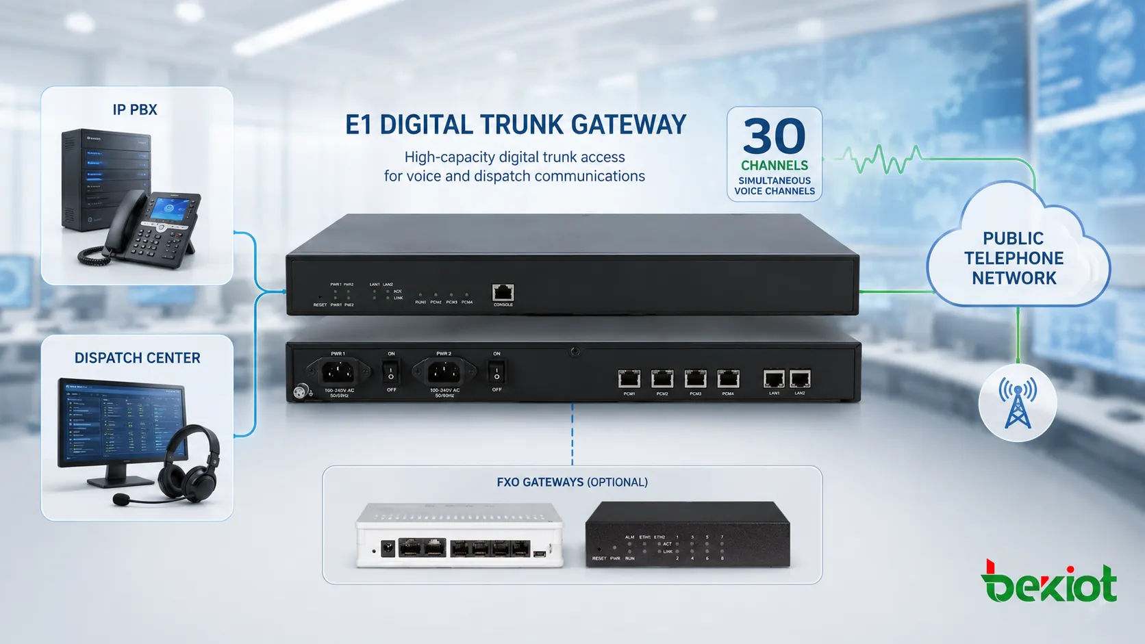 E1 digital trunk gateway connecting IP PBX dispatch center and public telephone network with 30 simultaneous voice channels