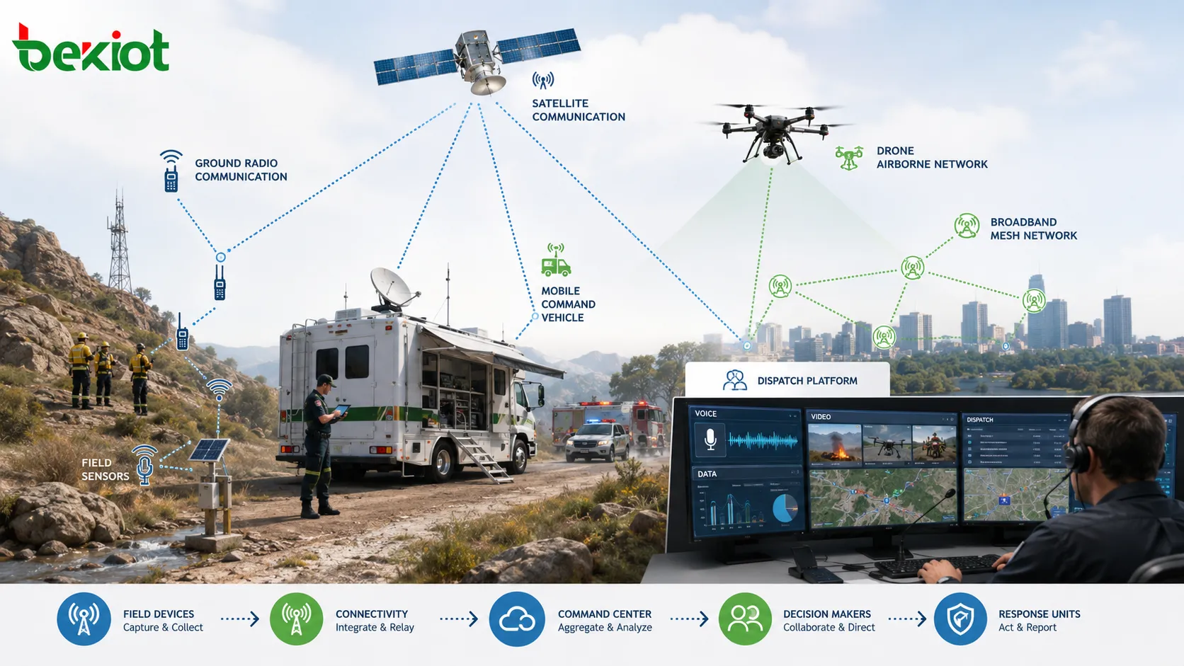 Emergency command system integrating satellite communication drone airborne network ground radio broadband mesh command vehicle sensors and dispatch platform