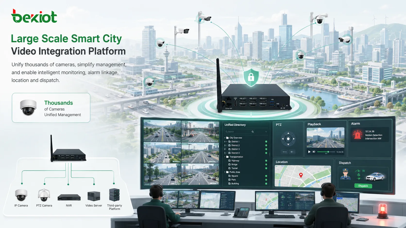Large scale smart city video integration with thousands of cameras unified directory PTZ playback alarm location and dispatch platform