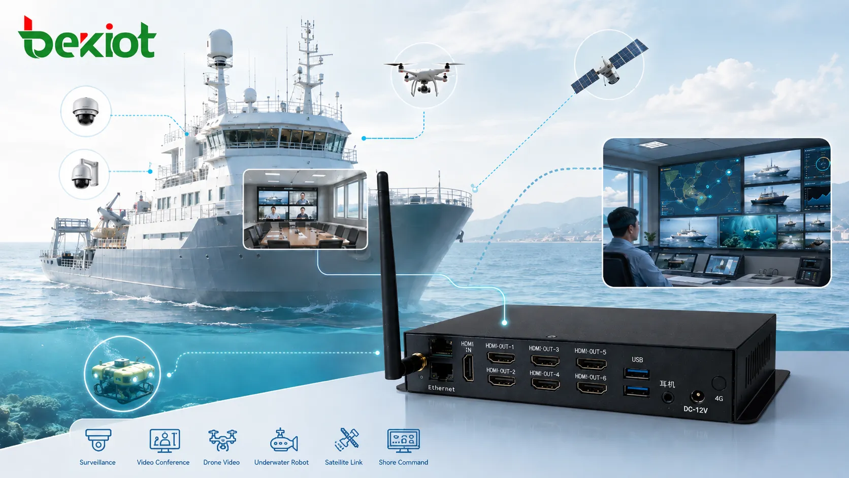 Lightweight satellite video transmission from ship to shore command center with drone camera 1080P video around 200K bitrate and stable monitoring