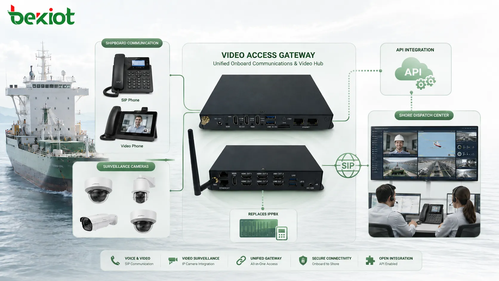 Shipboard SIP video communication architecture connecting IP phones video phones surveillance cameras video access gateway IPPBX replacement API and shore dispatch center