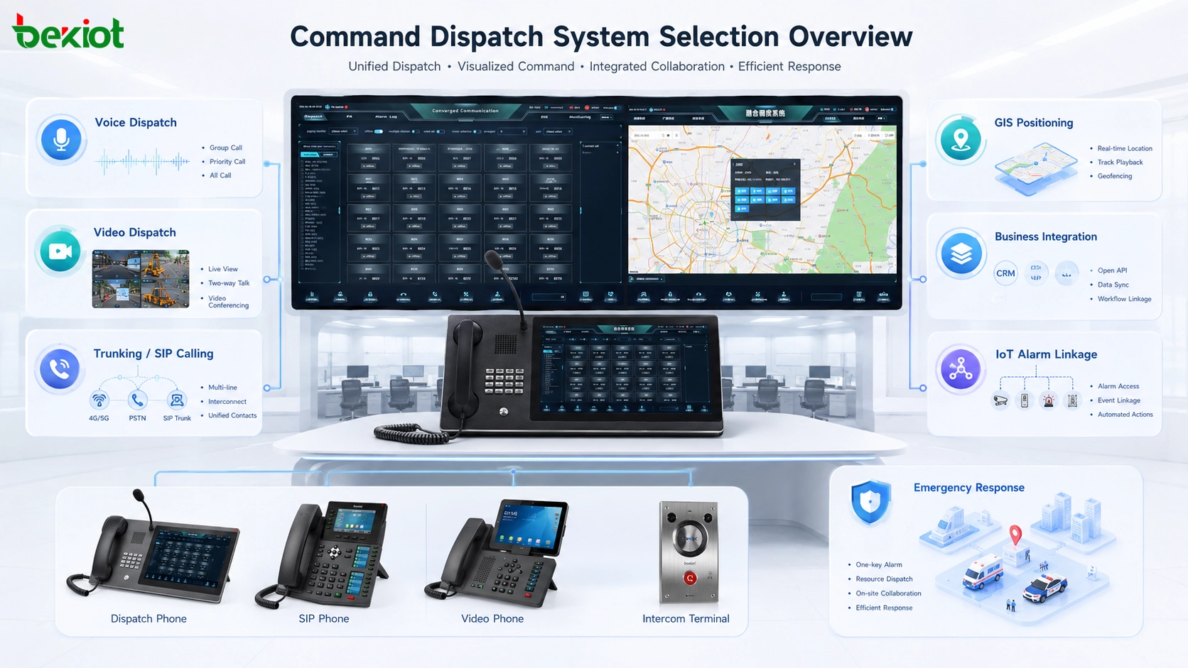 Command dispatch system selection overview showing voice dispatch video dispatch trunking GIS business integration IoT alarm linkage and emergency response center