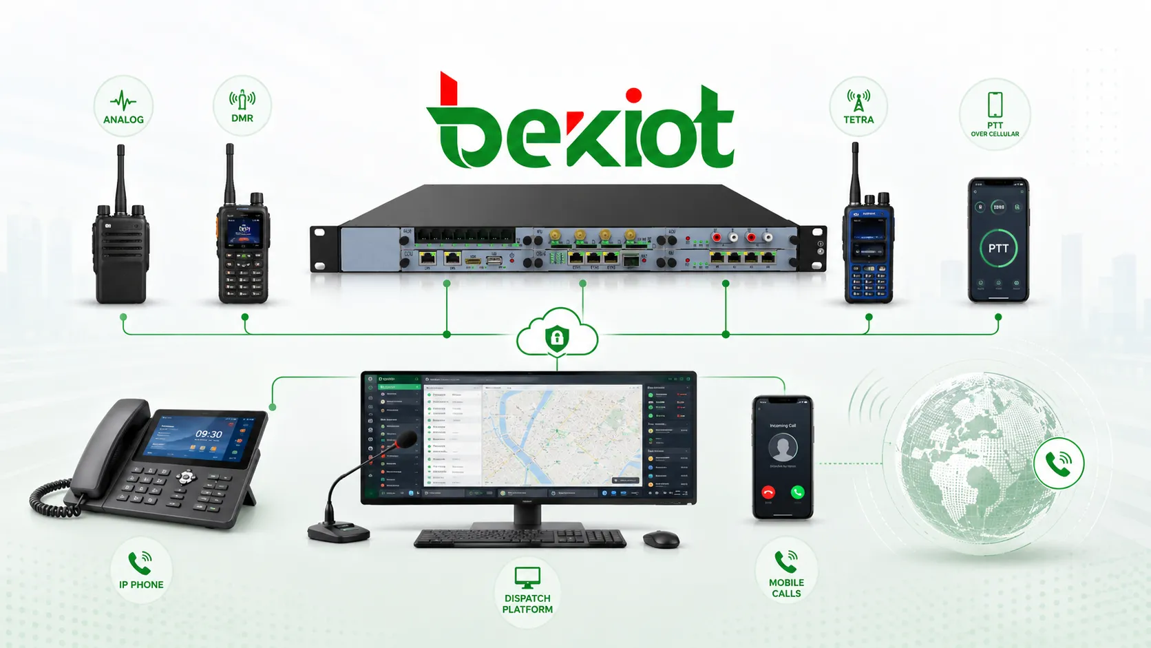 Hybrid communication interoperability connecting analog radios DMR TETRA public network PTT smart terminals IP phones external mobile calls and dispatch platform