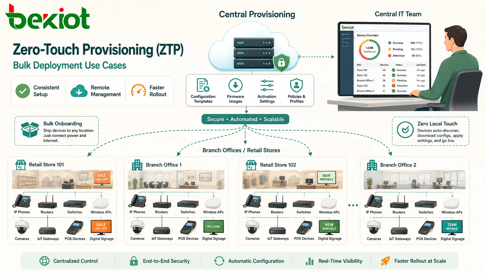 Zero-Touch Provisioning ZTP bulk deployment use cases showing IP phones routers switches wireless access points cameras IoT gateways and branch office devices
