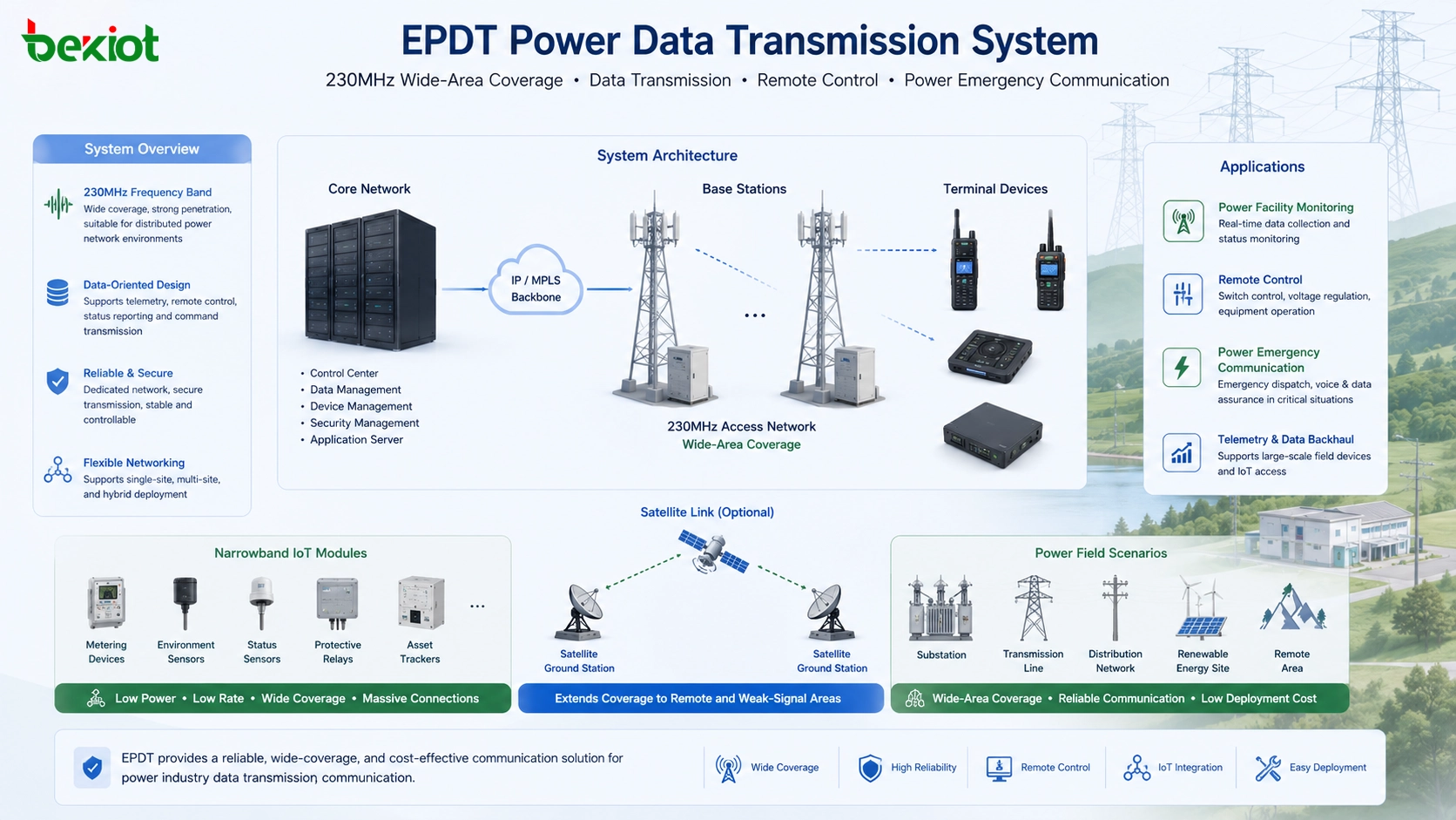 EPDT power data transmission system using 230MHz network core base stations terminals satellite link narrowband IoT modules remote control and power emergency communication