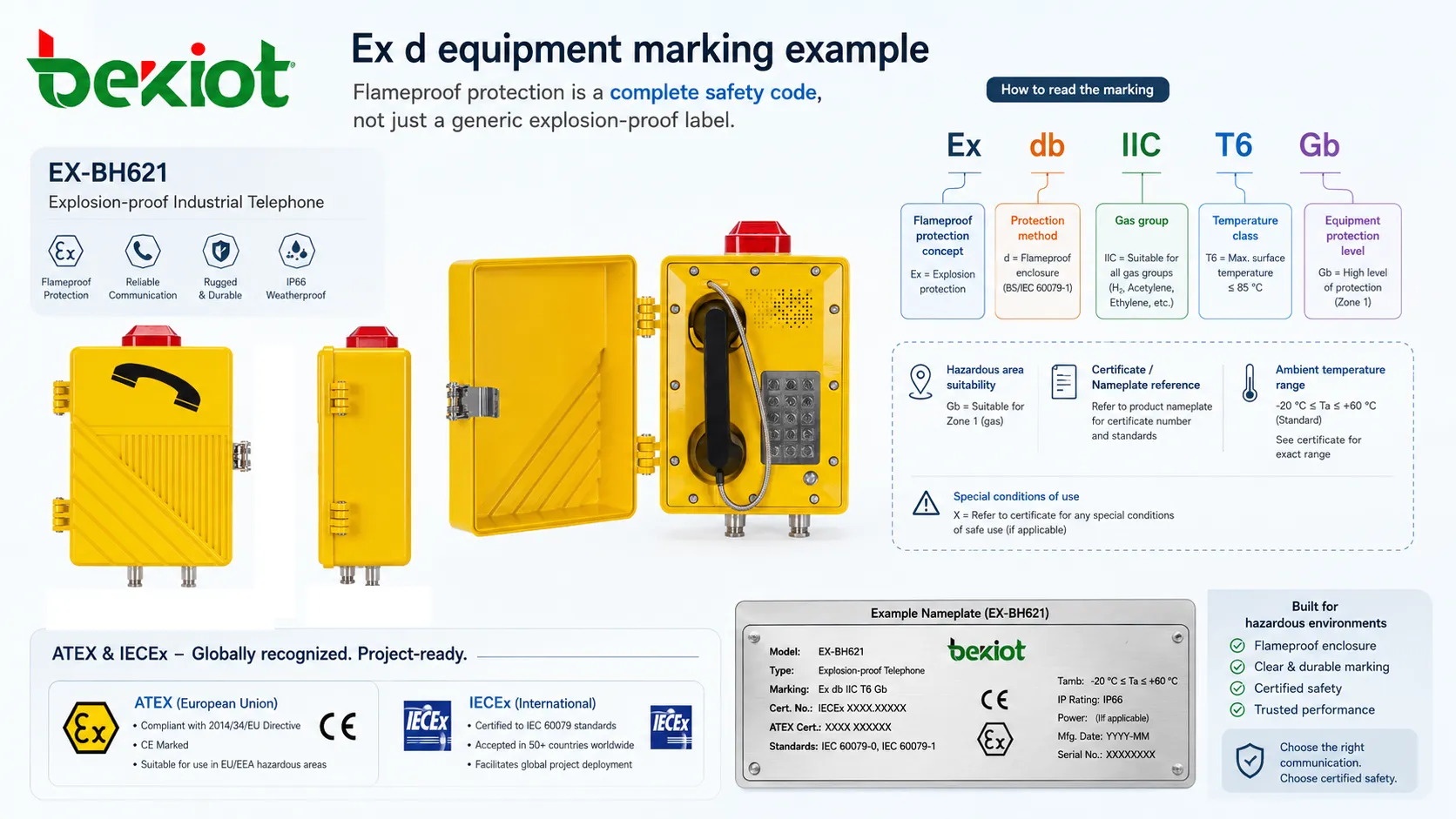 Ex d equipment marking example showing flameproof protection gas group temperature class equipment protection level and hazardous zone suitability