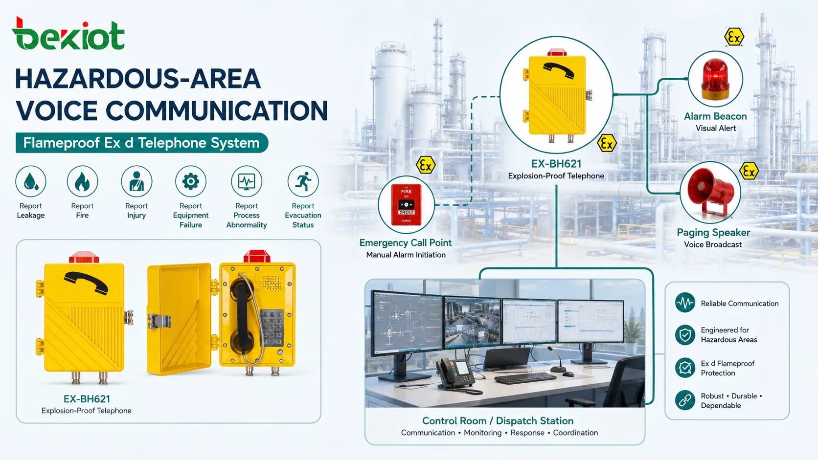 Ex d hazardous area communication system connecting explosion-proof telephone emergency call point control room alarm beacon and paging speaker in a chemical plant