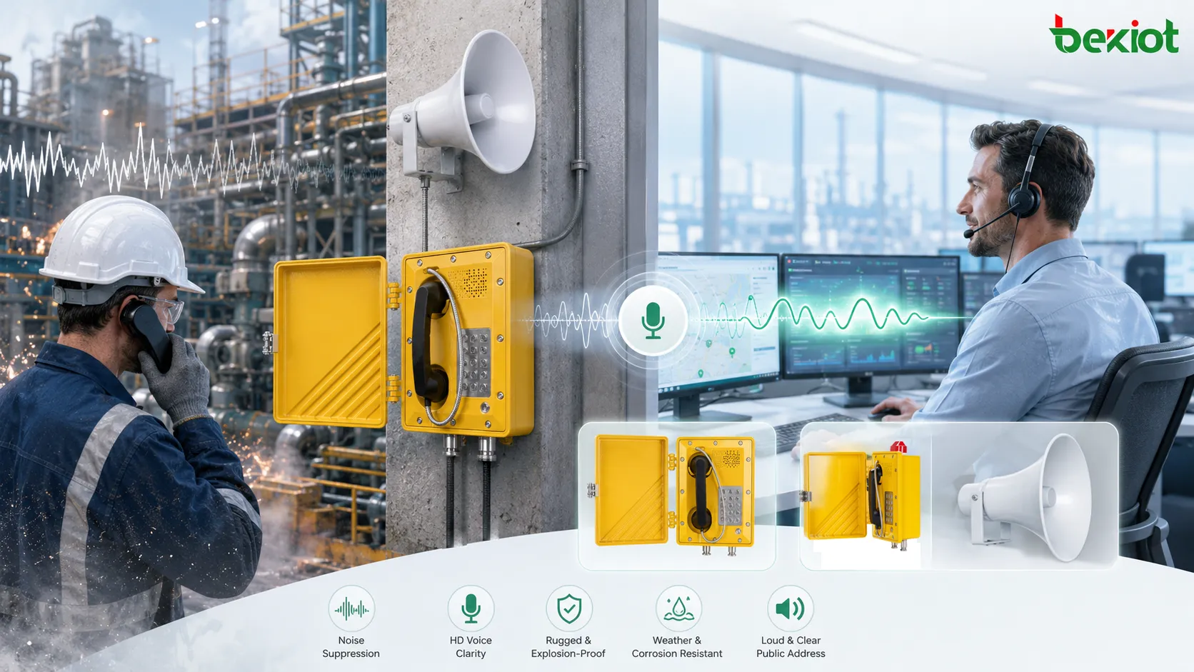 Noise reduction system improving voice clarity between field worker industrial telephone dispatch center and noisy machinery environment