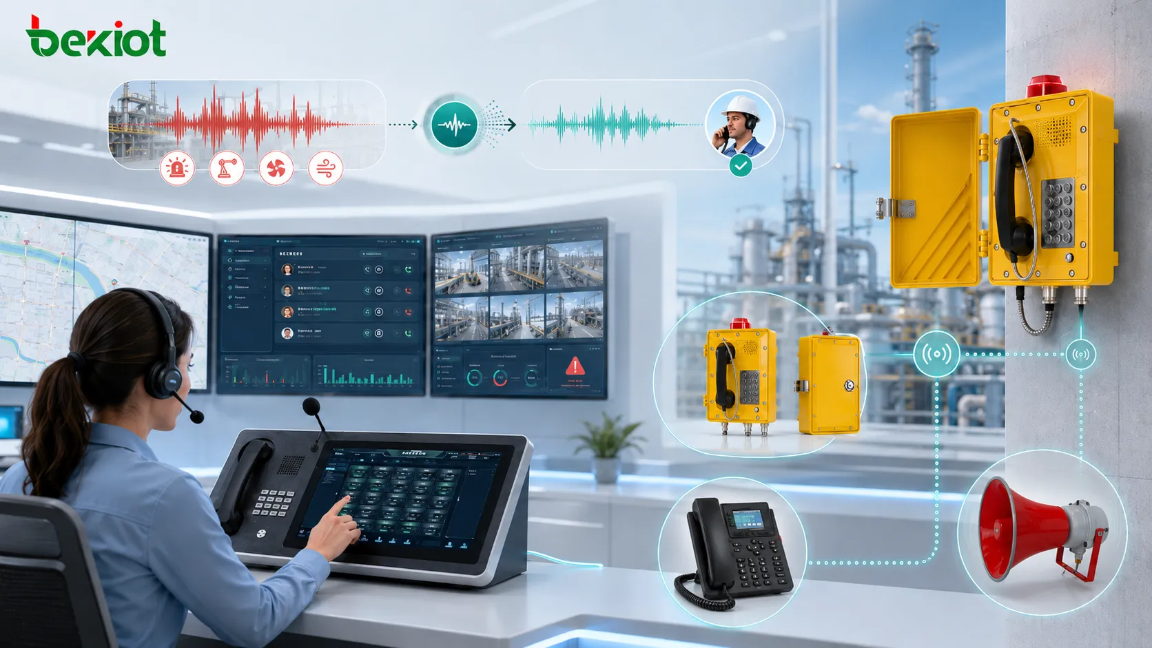 Dispatch center using noise reduction to improve calls from industrial phones emergency intercoms radio gateways and field workers