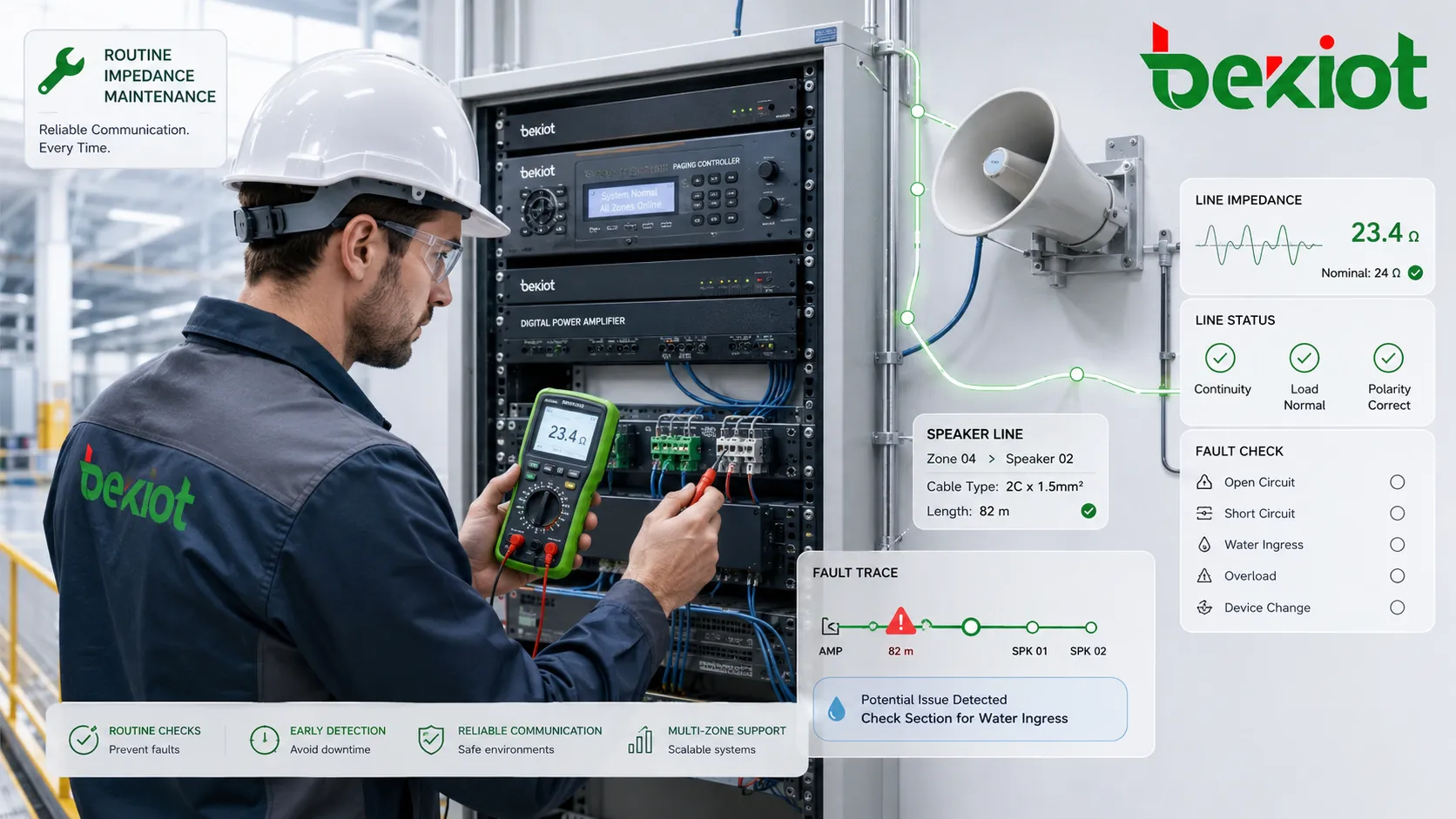Technician testing impedance on speaker line communication cable and industrial audio equipment during maintenance