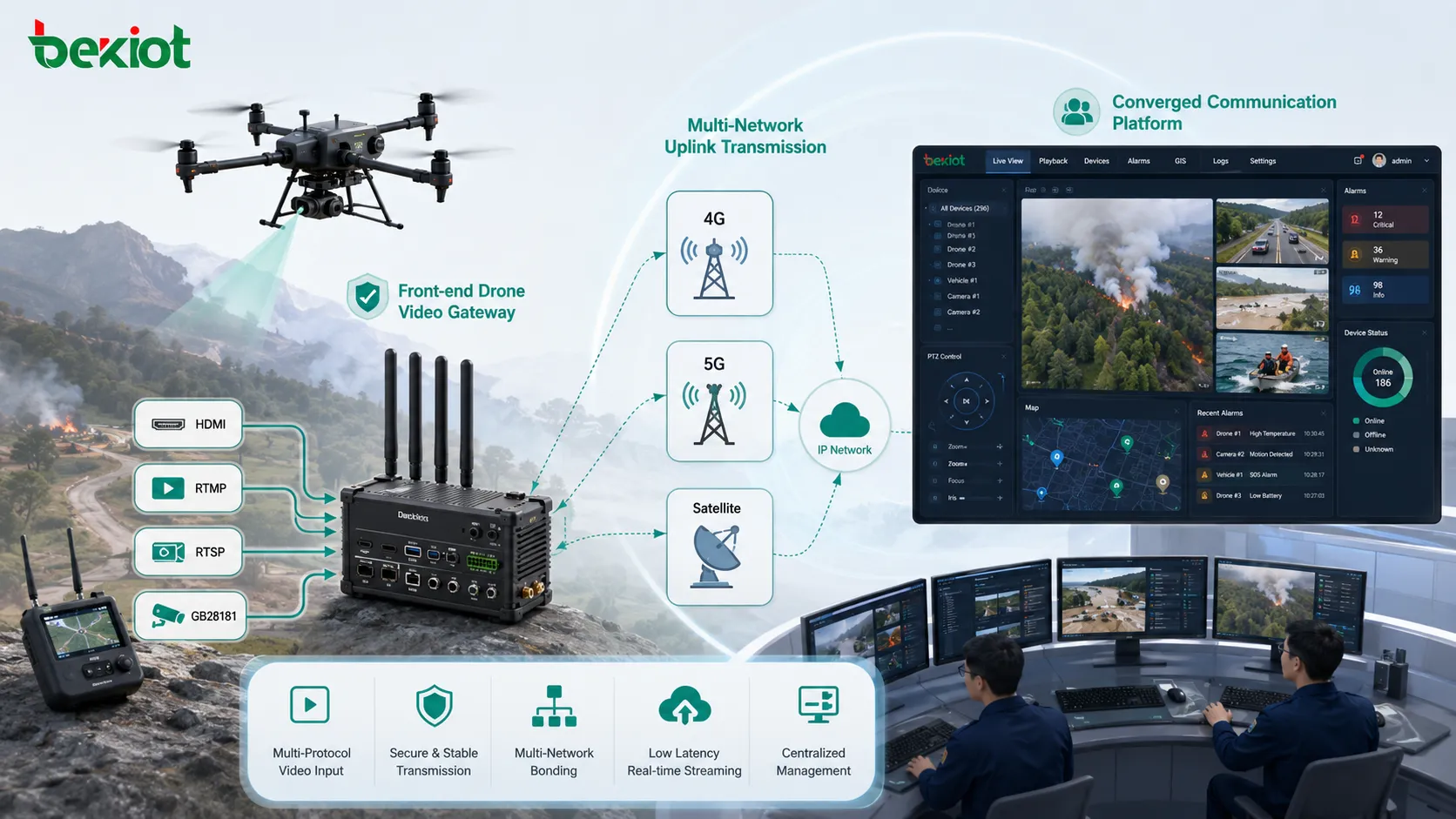 GB28181 video access gateway connecting IP cameras portable monitoring devices NVR systems drones body worn cameras and converged dispatch platform
