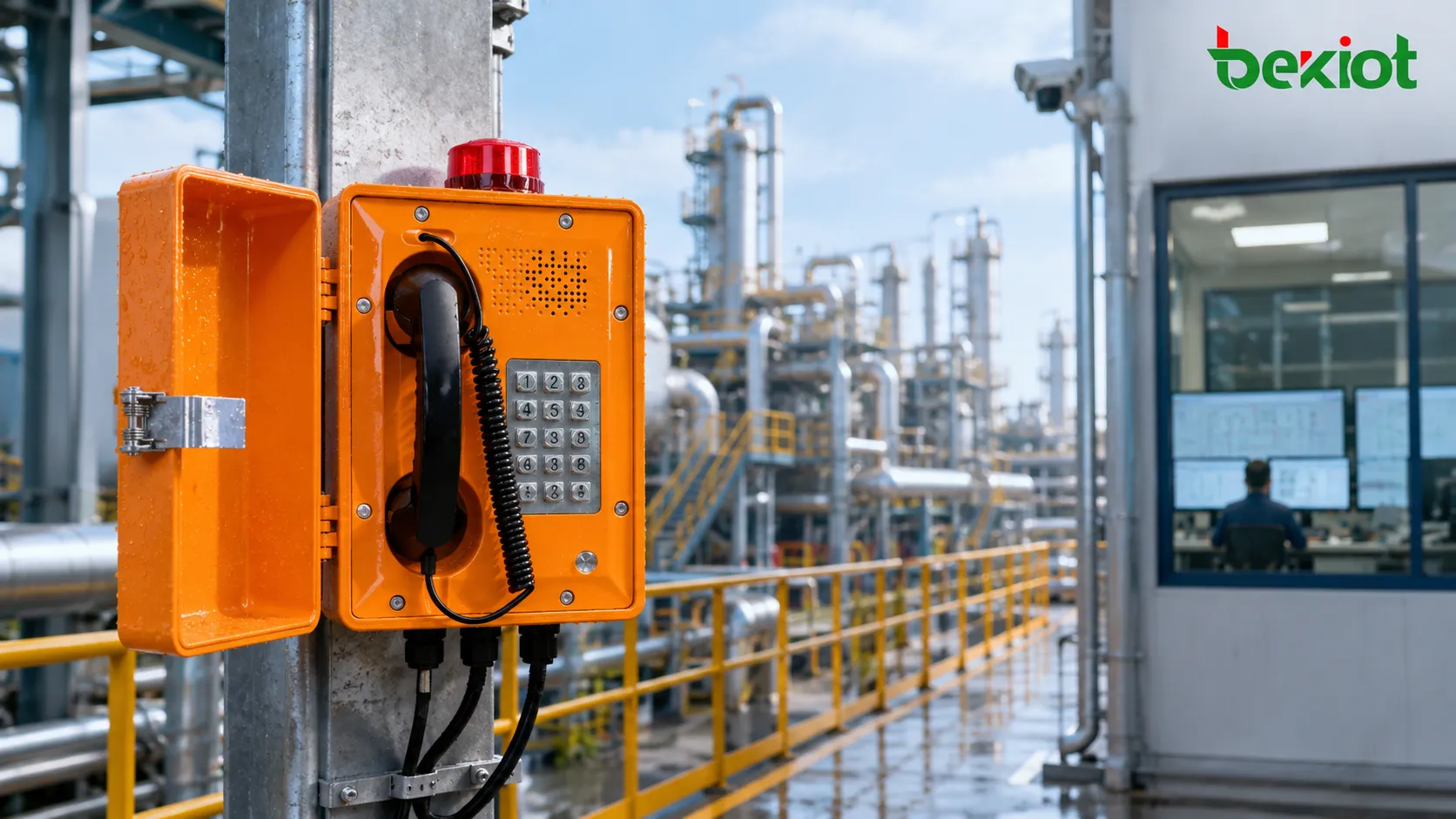 Weatherproof telephone installed outdoors in industrial site with rain protection sealed enclosure handset and control room communication