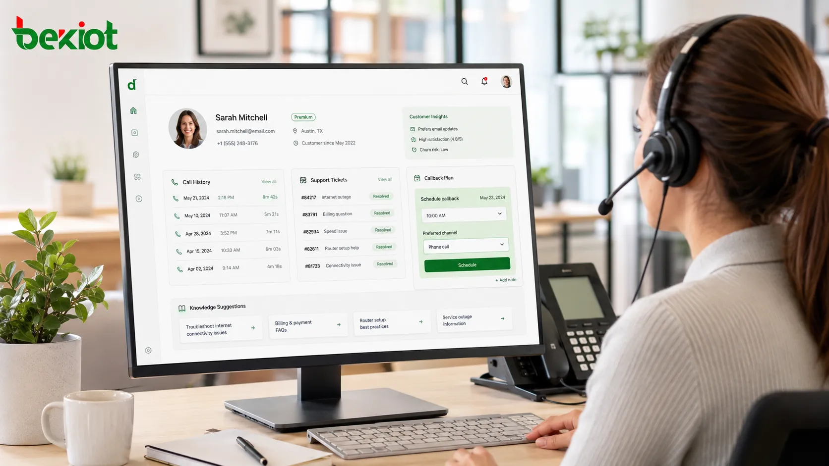 Agent desktop screen pop showing customer profile call history tickets callback plan and knowledge suggestions