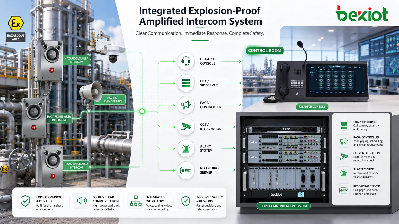 Integrated explosion-proof amplified intercom system connecting hazardous area stations dispatch console PAGA controller CCTV alarm system and recording server