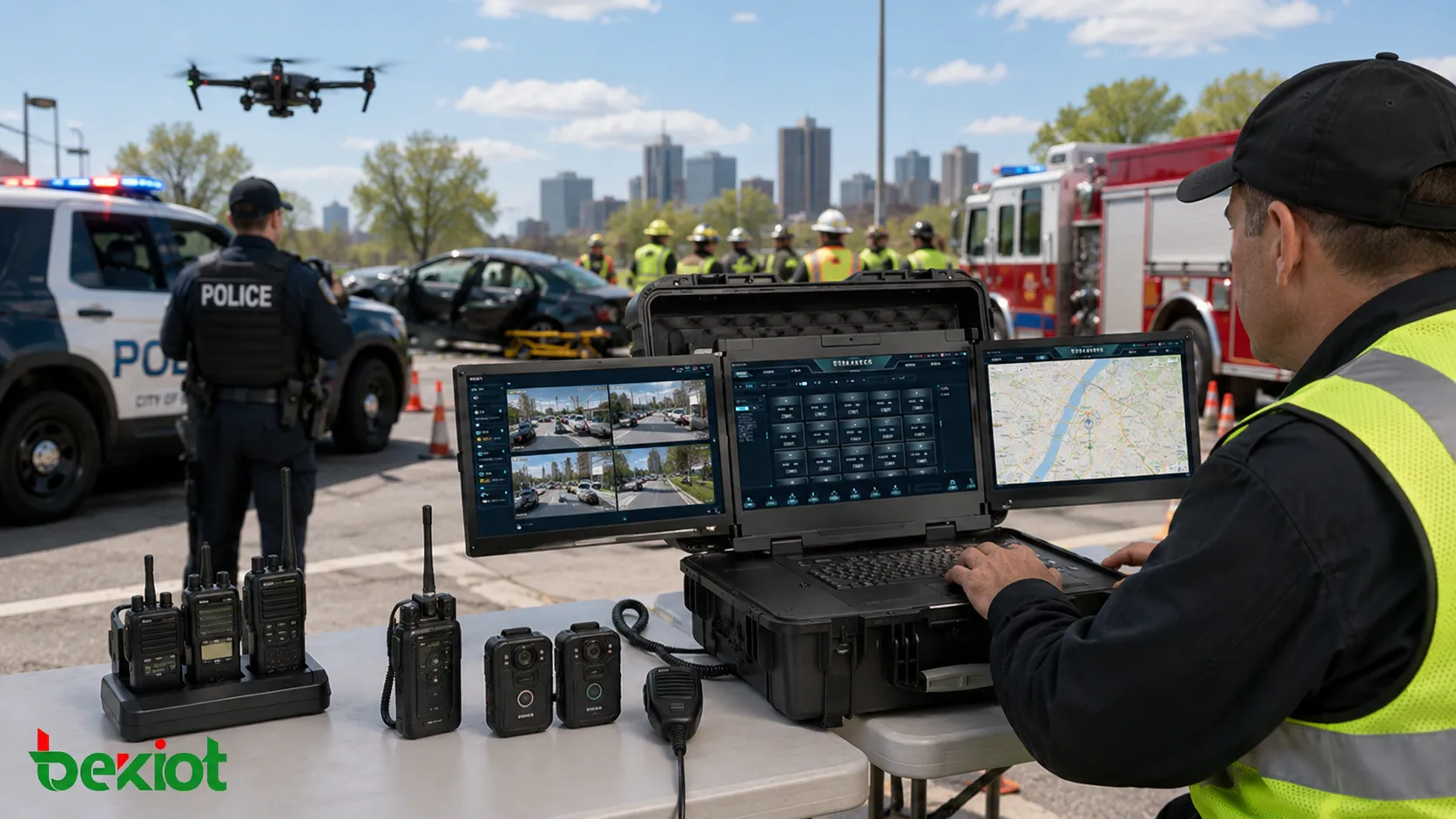 Audio video emergency dispatch workflow integrating drone video body cameras vehicle cameras two way radios GIS map and command center