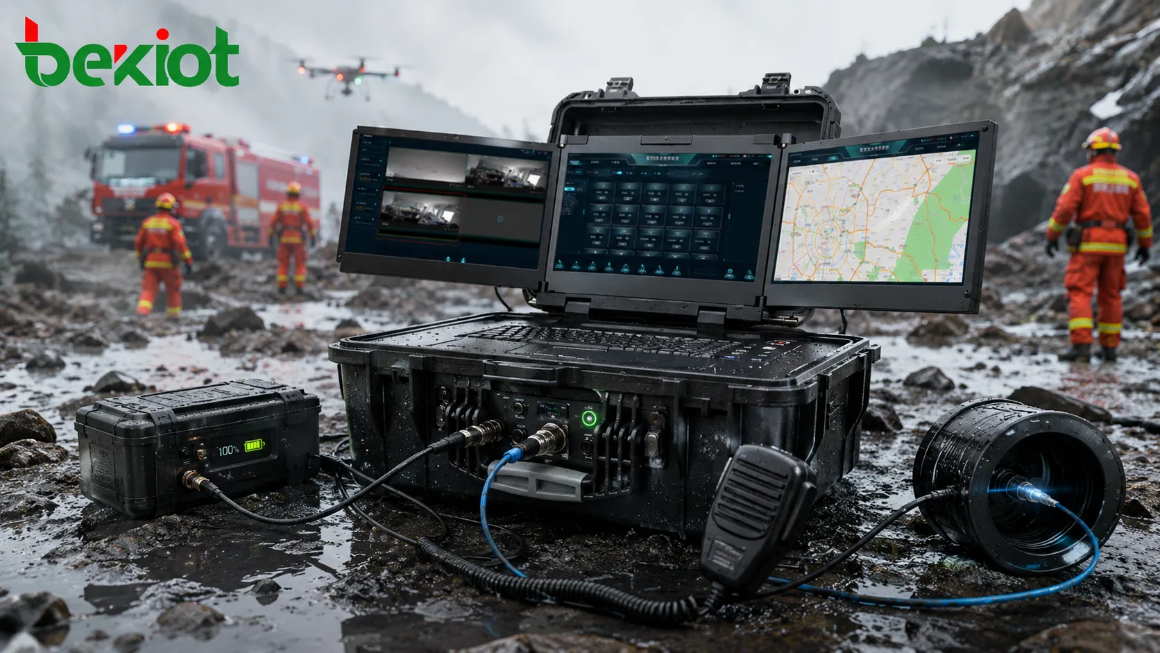 Rugged field command case with radio ports fiber link battery hand microphone and IP65 outdoor protection for rescue operations