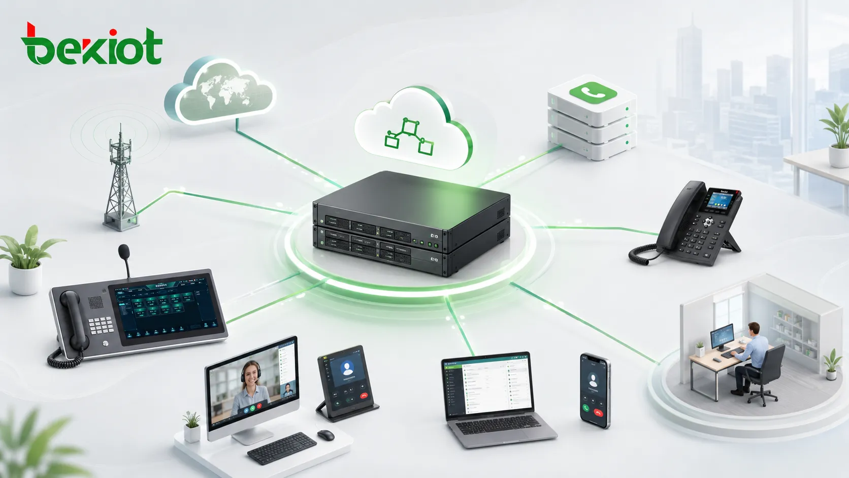 Public network intercom server connected with SIP trunk IPPBX smart terminals IP phones mobile office users and external phone network