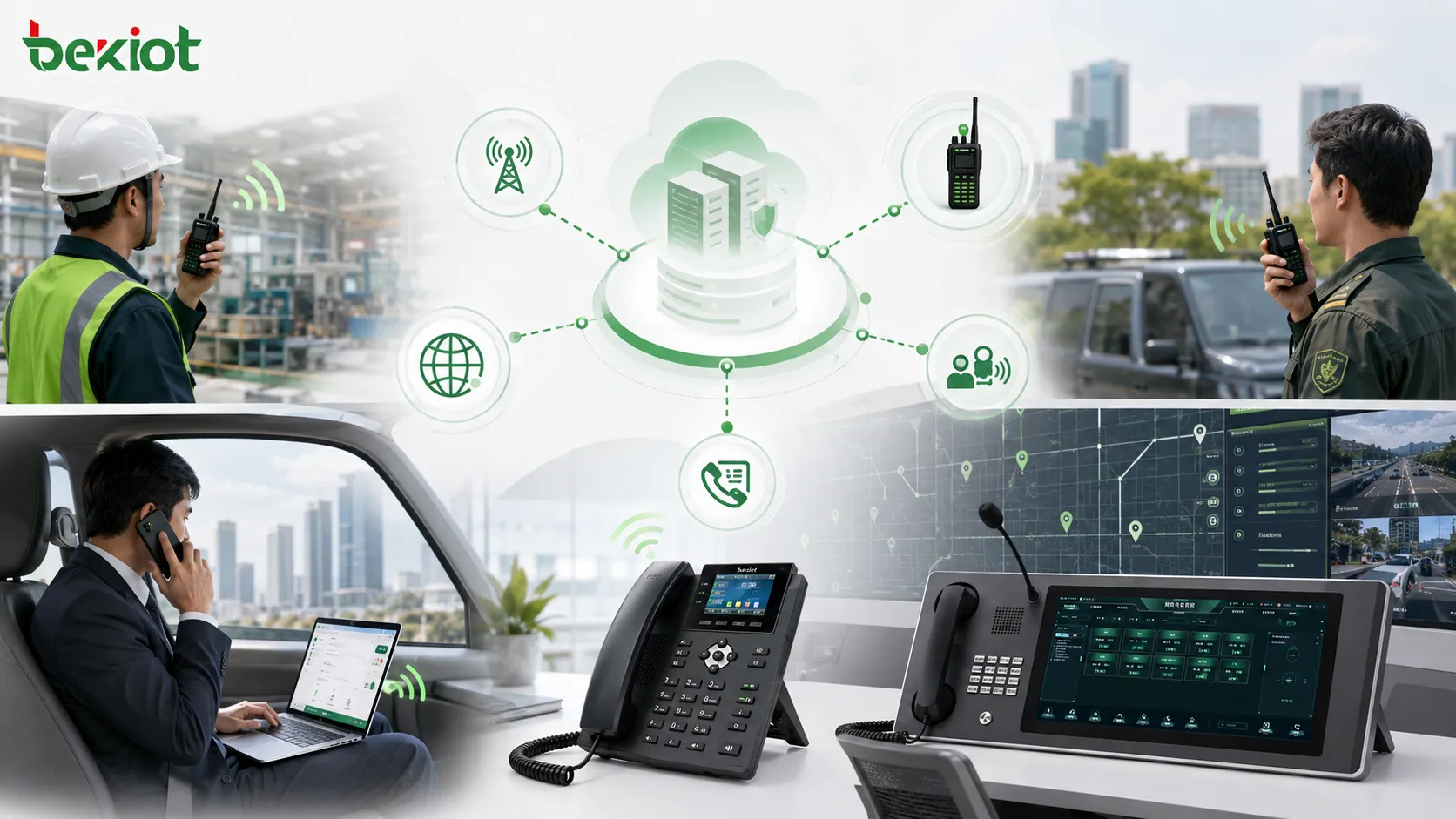 Wireless push to talk mobile office solution integrating public network intercom private radio system IP phones SIP platform and dispatch center
