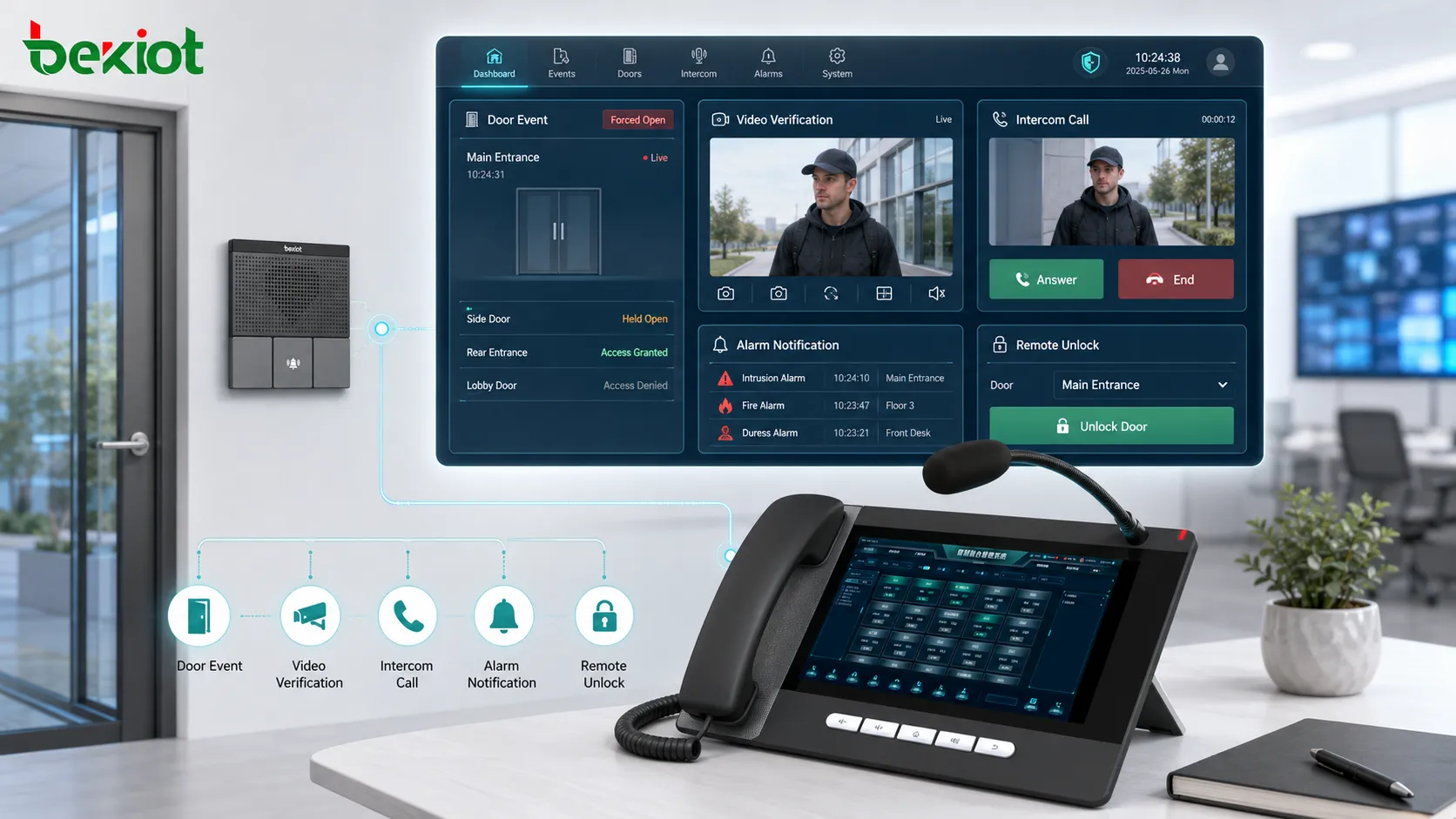 Access control integration screen showing door event video verification intercom call alarm notification and remote unlock decision