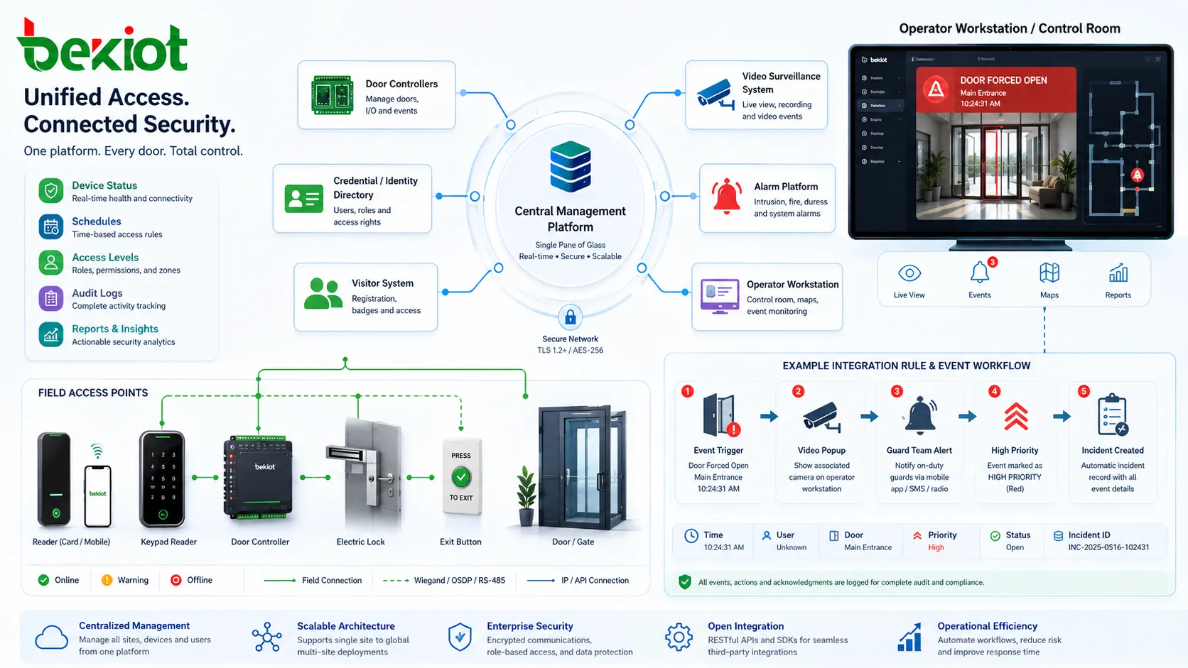 Access control integration architecture with door controller central server identity directory video system alarm platform and operator workstation