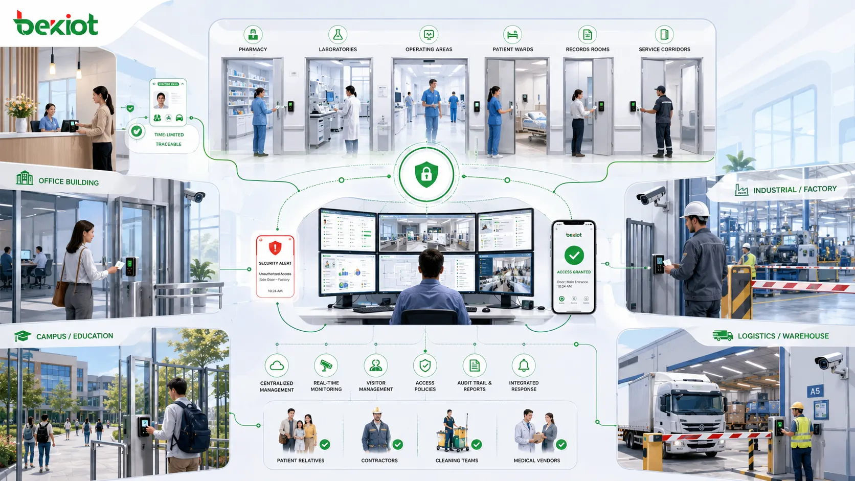 Access control integration applications in office building factory hospital campus and logistics facility with connected security operations