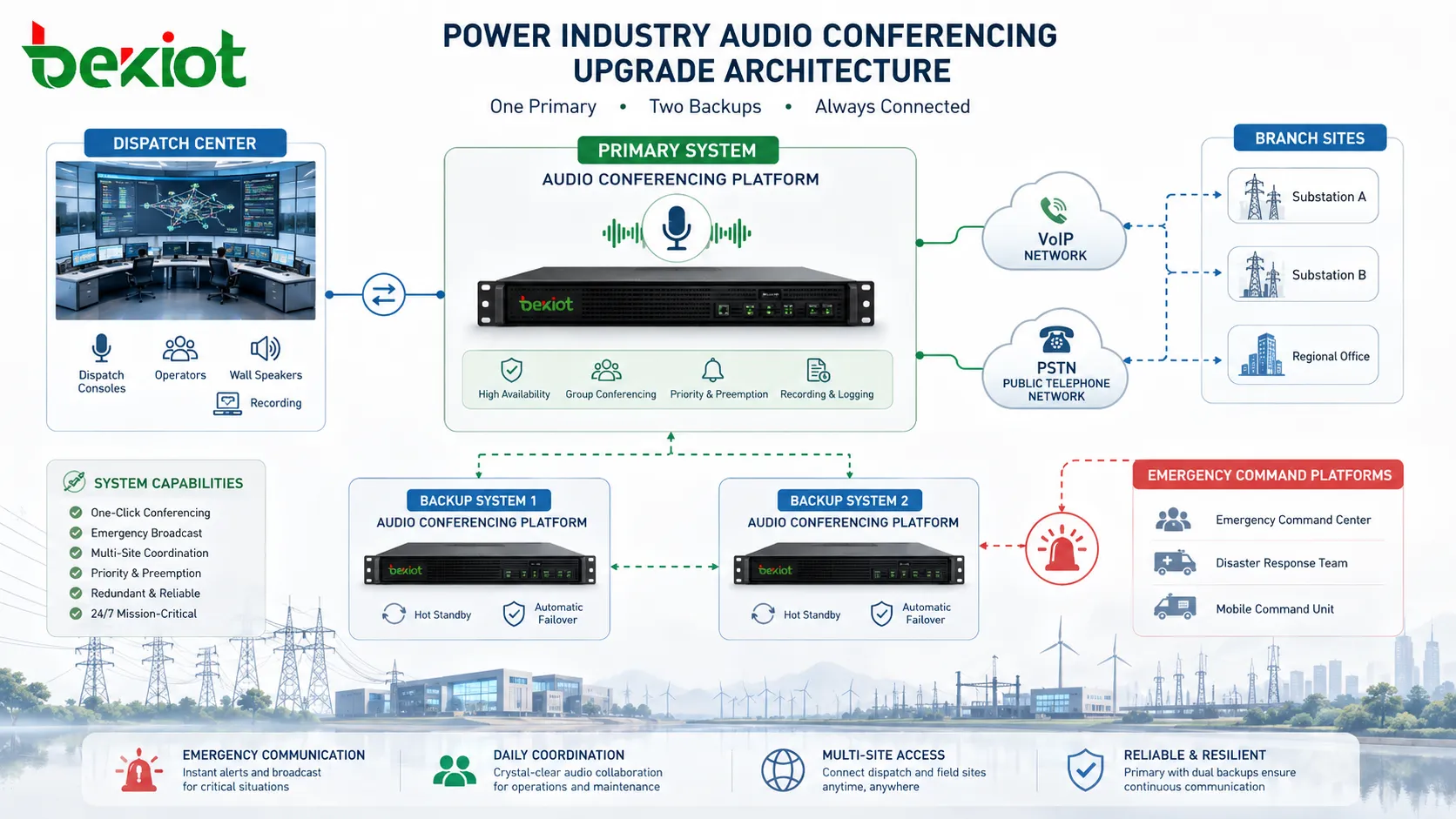 VoIP and PSTN mixed audio conferencing solution for power utilities connecting IP phones fixed phones mobile users conference rooms telecom gateways and operator trunks