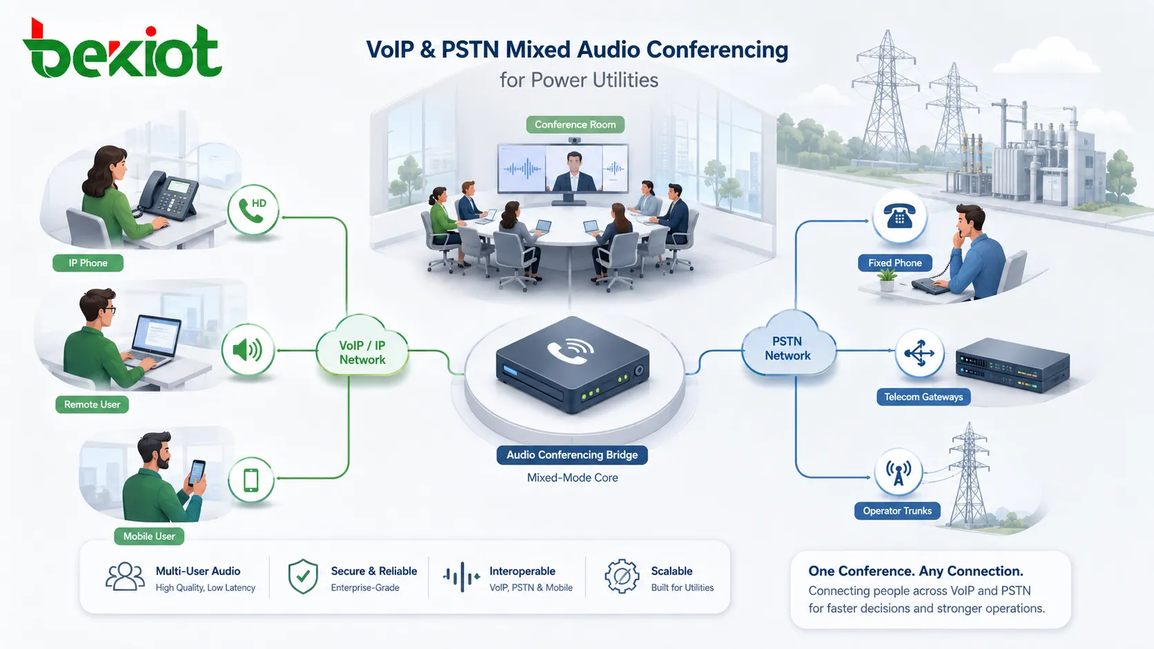 Emergency command audio conferencing integration for power industry connecting dispatch center video conference MCU OA platform API control conference room audio gateway and field users