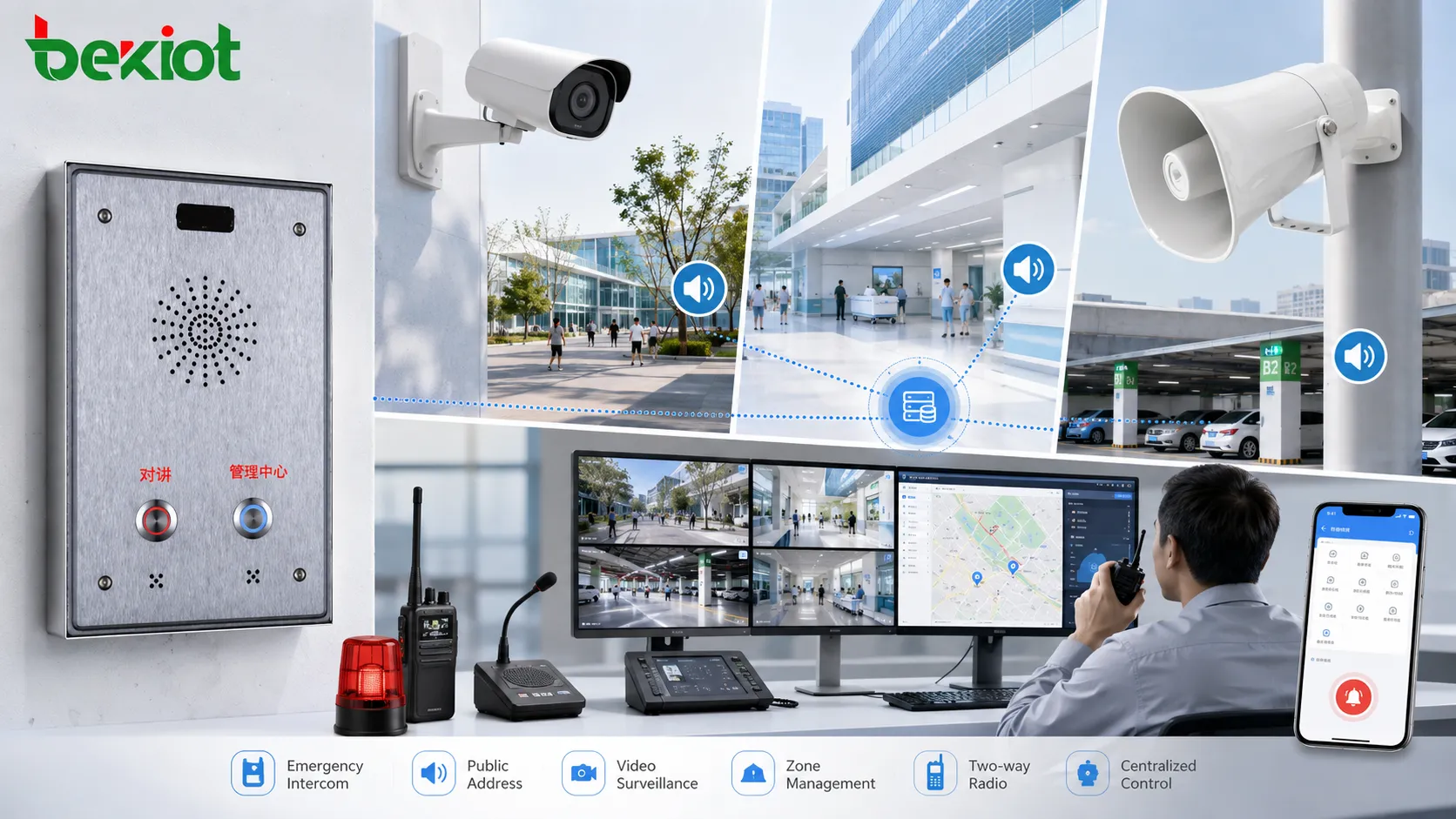 Industrial and public facility communication equipment including rugged phones speakers radios cameras and emergency alert devices
