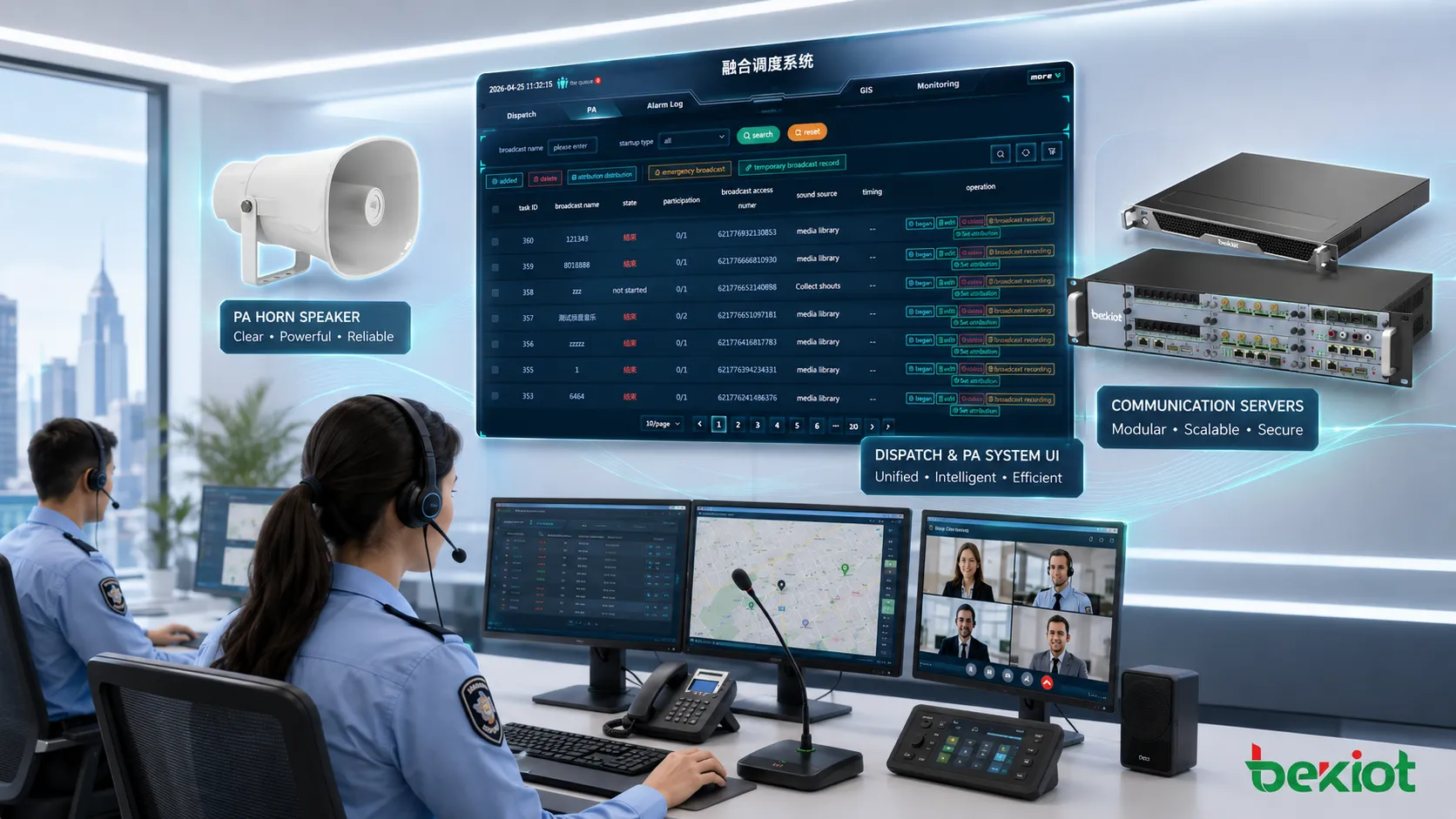Control room using video voice dispatch paging and alarm communication equipment for coordinated response
