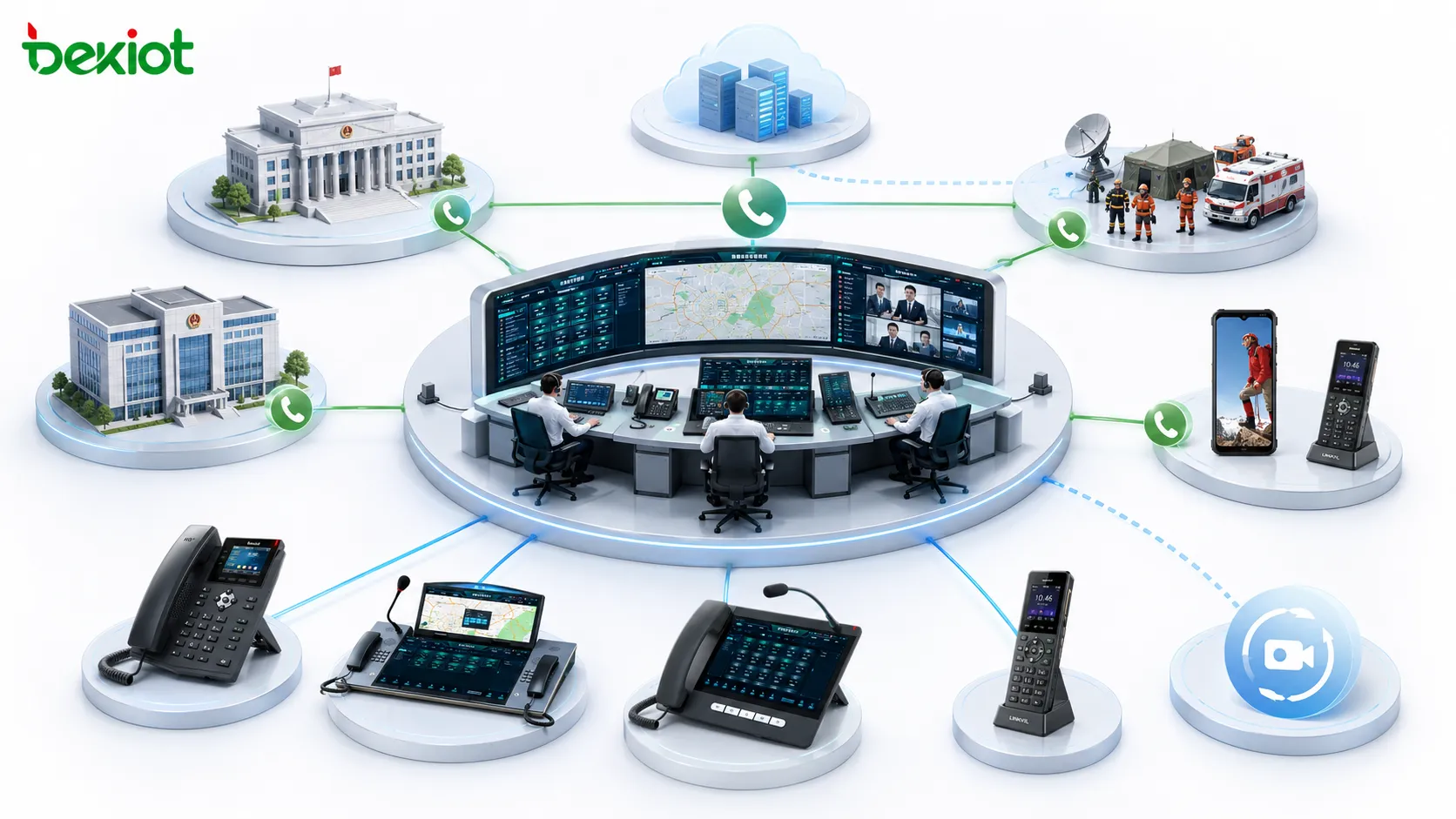 Emergency telephone conferencing architecture connecting command center government departments field rescue teams mobile users VoIP PSTN and video meeting backup