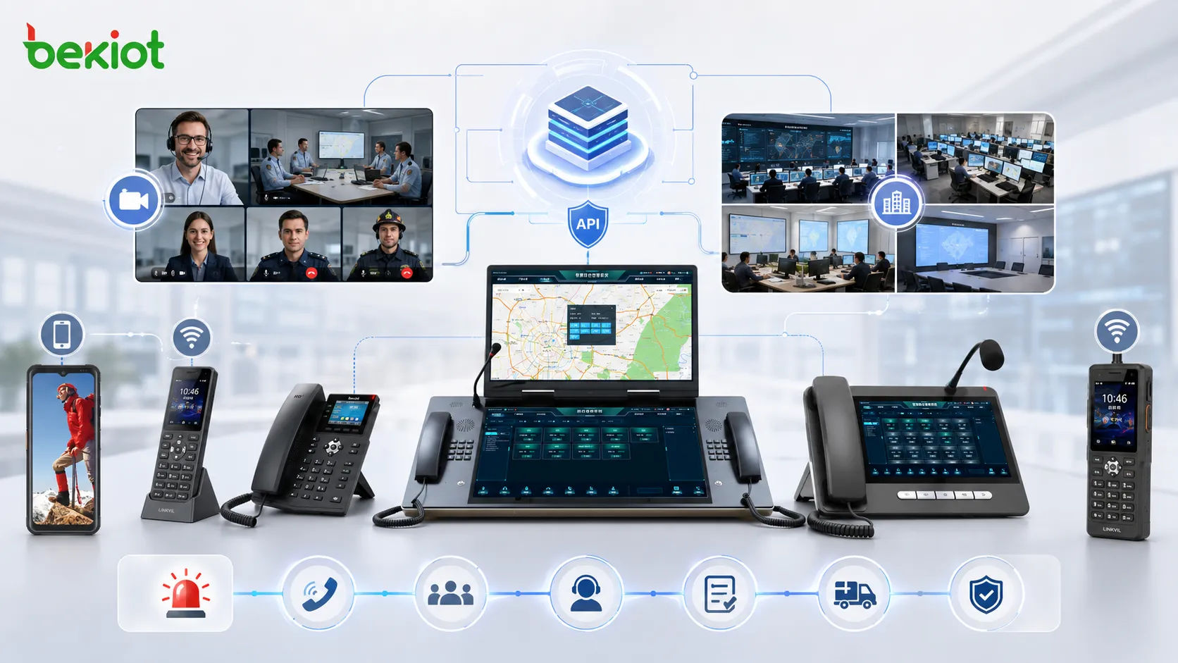 Emergency command telephone conferencing integration with API control dispatch platform video conferencing field teams duty rooms and incident response workflow