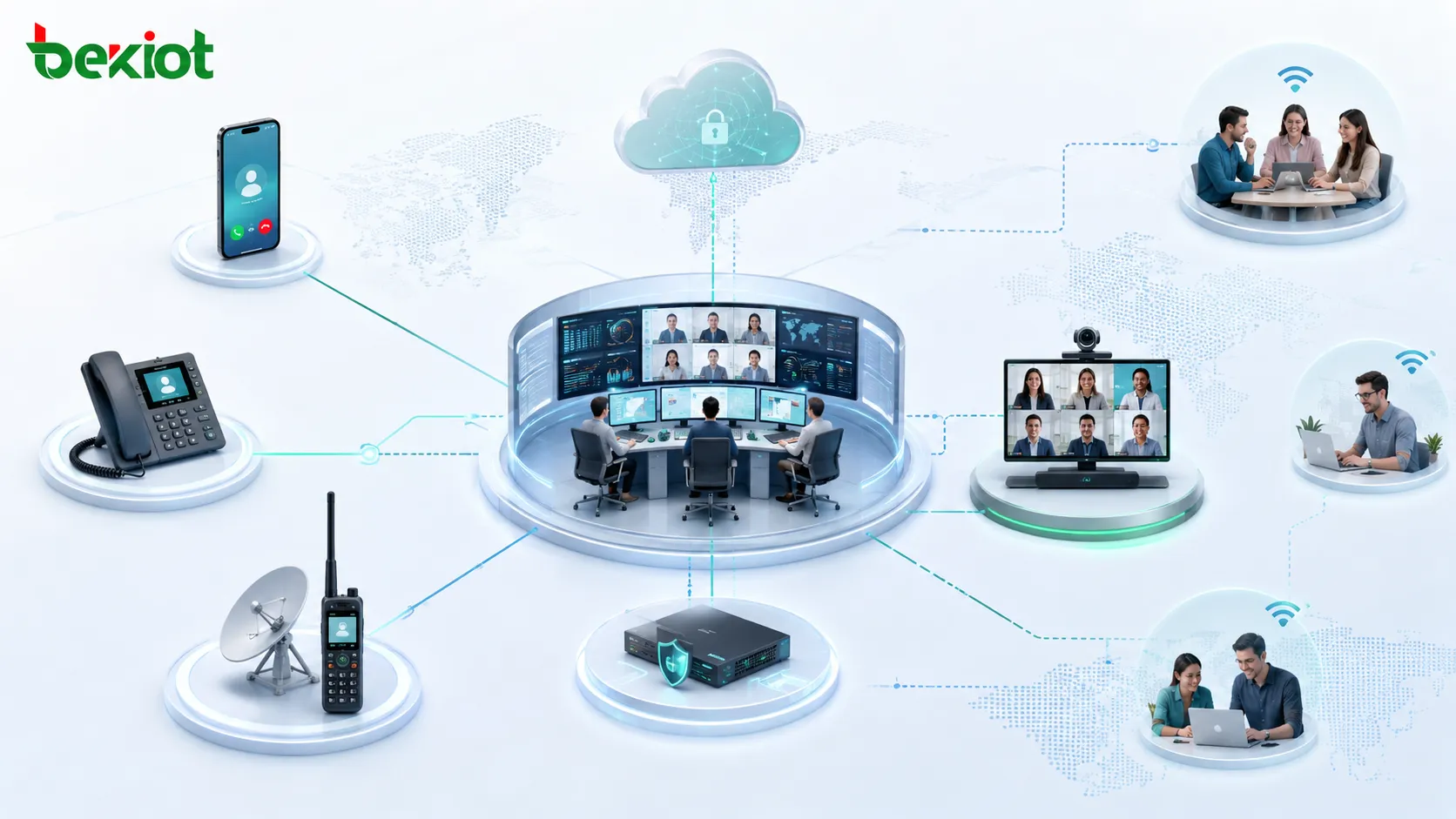 Hybrid audio conferencing and video meeting architecture connecting command center SIP platform MCU video system mobile phones fixed phones satellite phones and remote teams