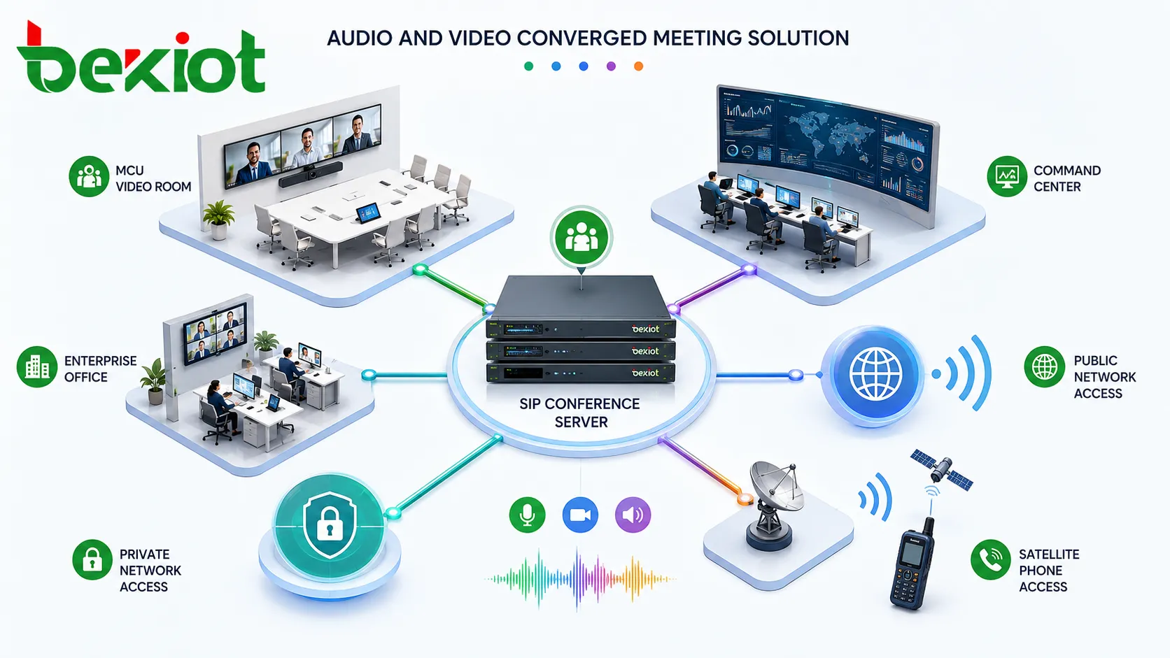 Audio and video converged meeting solution connecting SIP conference server MCU video room command center enterprise office public network private network and satellite phone access