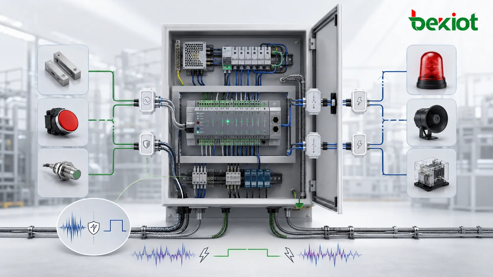 GPIO application in industrial equipment with alarm relay sensor contact and control cabinet integration