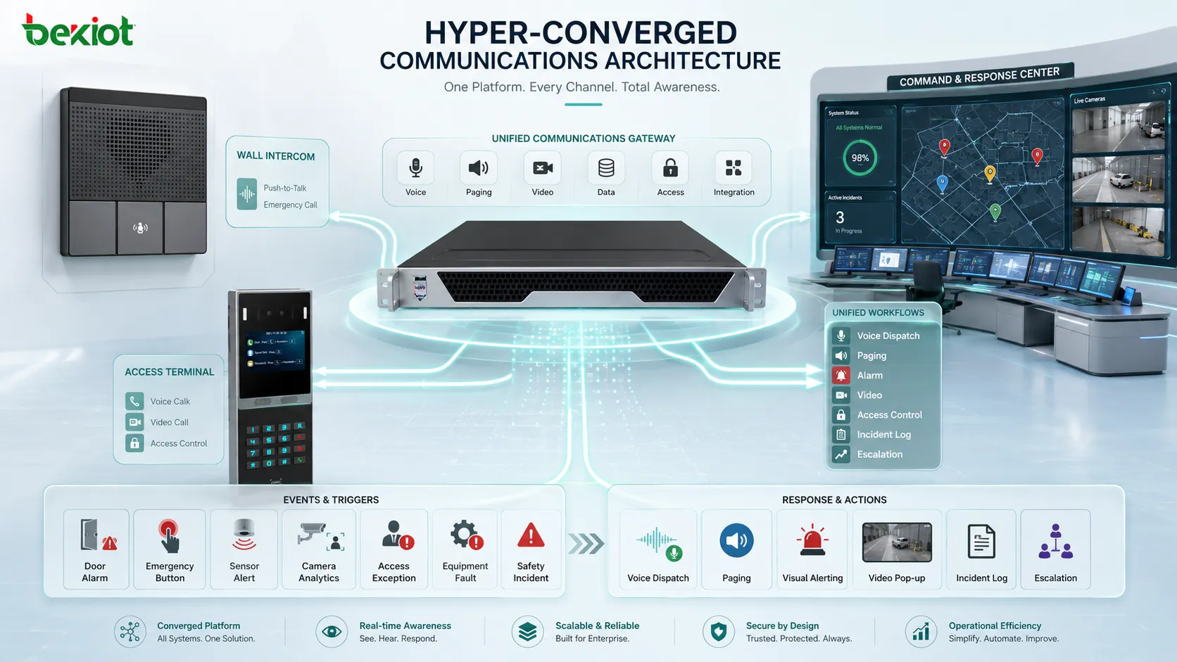 Hyper-converged communications architecture connecting voice dispatch paging alarms video and command center workflows